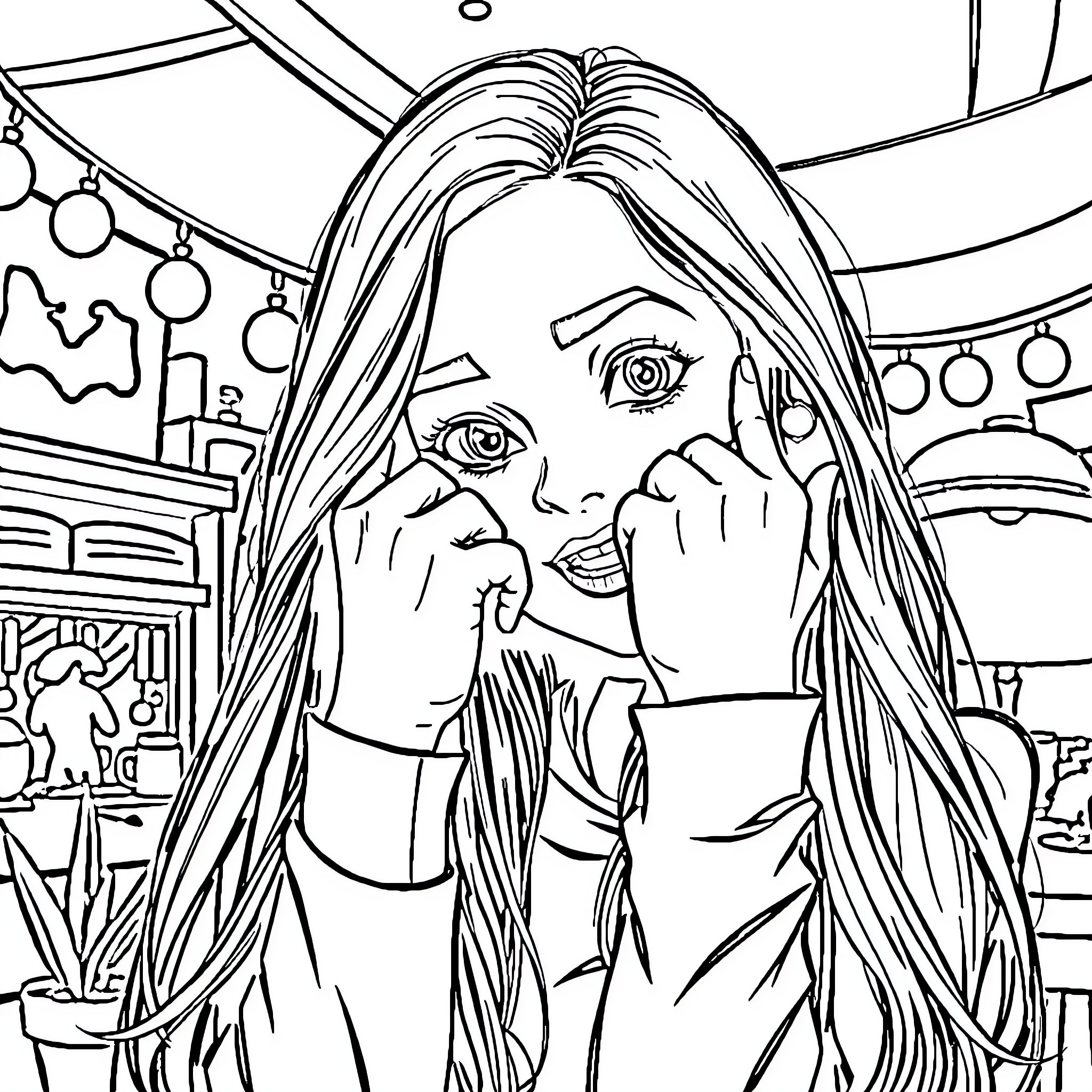Girl applying makeup in front of vanity mirror Coloring Page (free black-and-white line drawing printable PDF for all, from beginners to advanced learners, including children, teens, adults, and seniors)