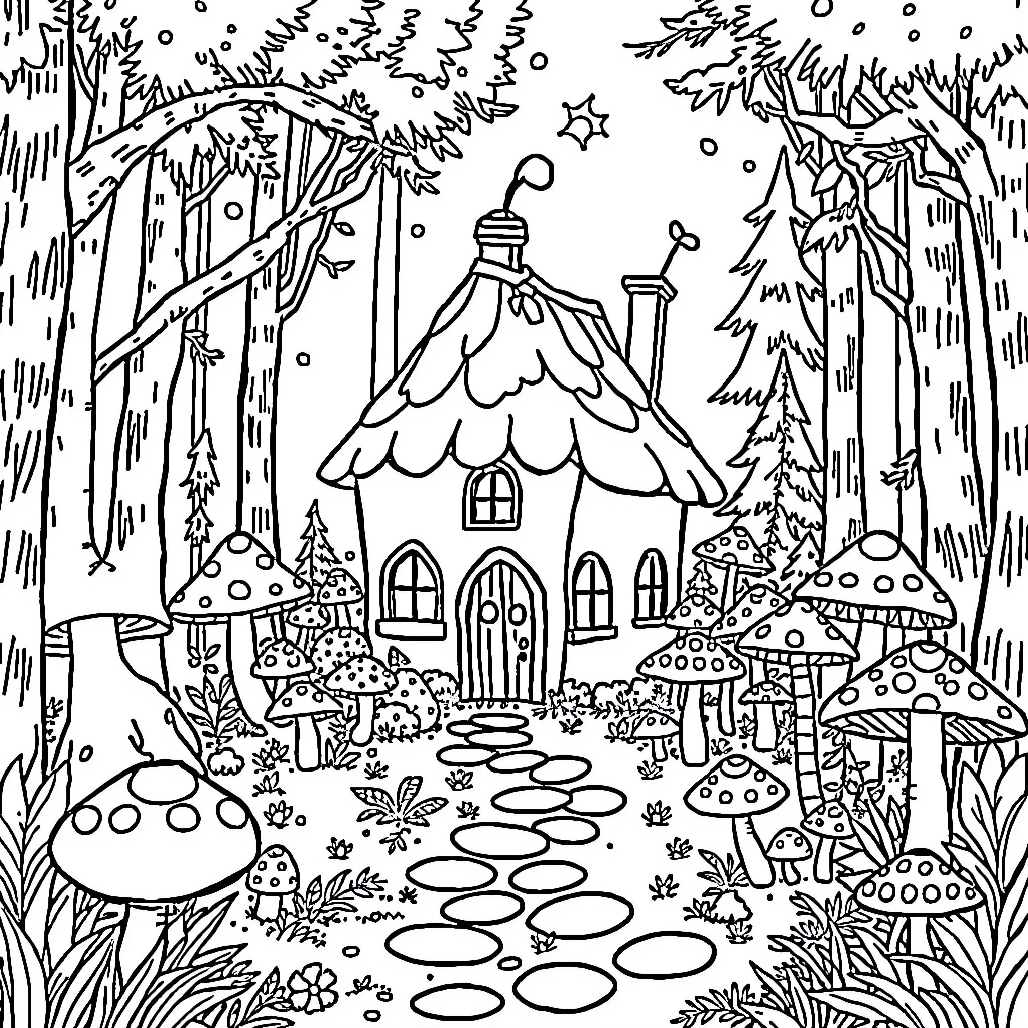 Mushroom Fairy House in Enchanted Forest Coloring Page (free black-and-white line drawing printable PDF for all, from beginners to advanced learners, including children, teens, adults, and seniors)