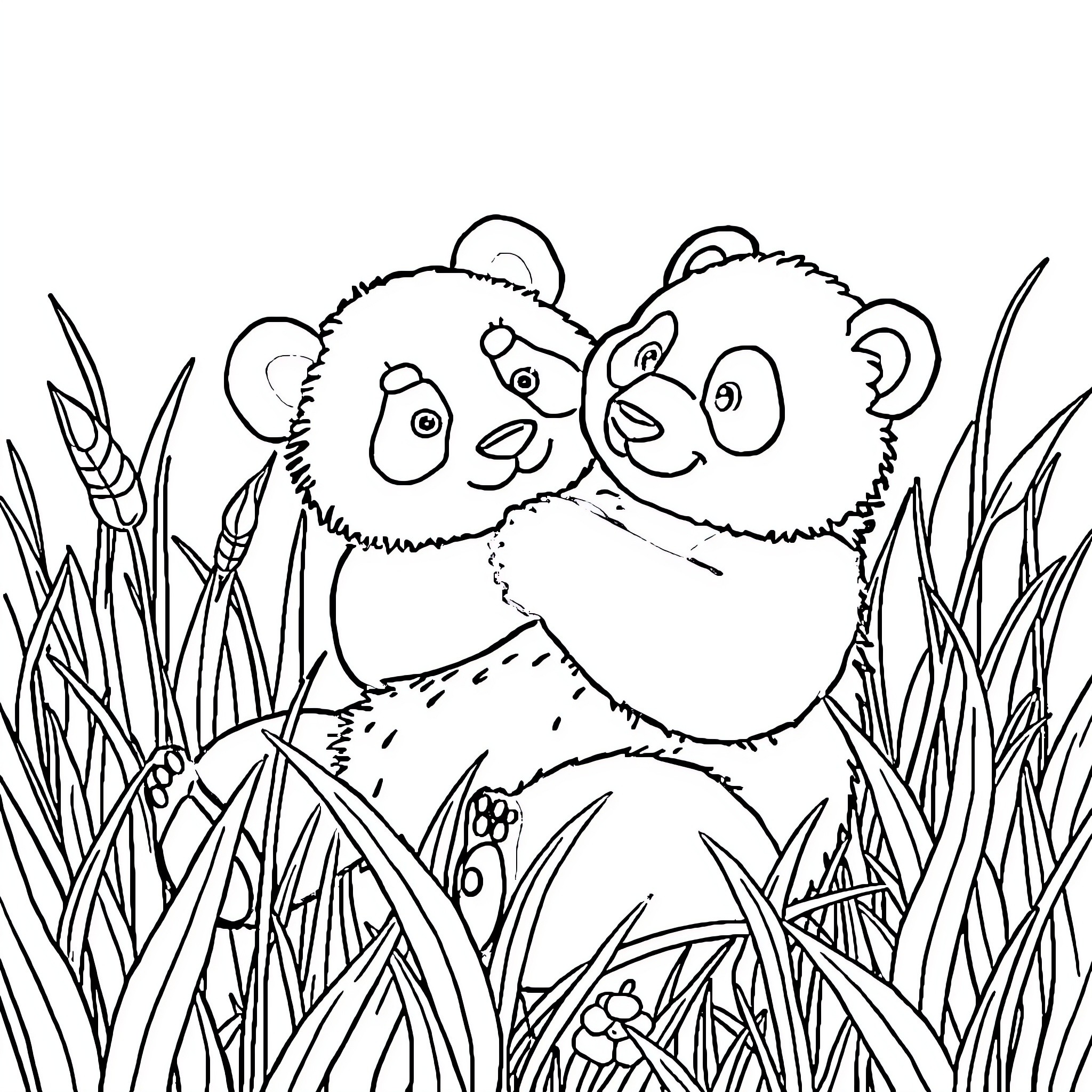 Panda playing in the grass Coloring Page (free black-and-white line drawing printable PDF for all, from beginners to advanced learners, including children, teens, adults, and seniors)