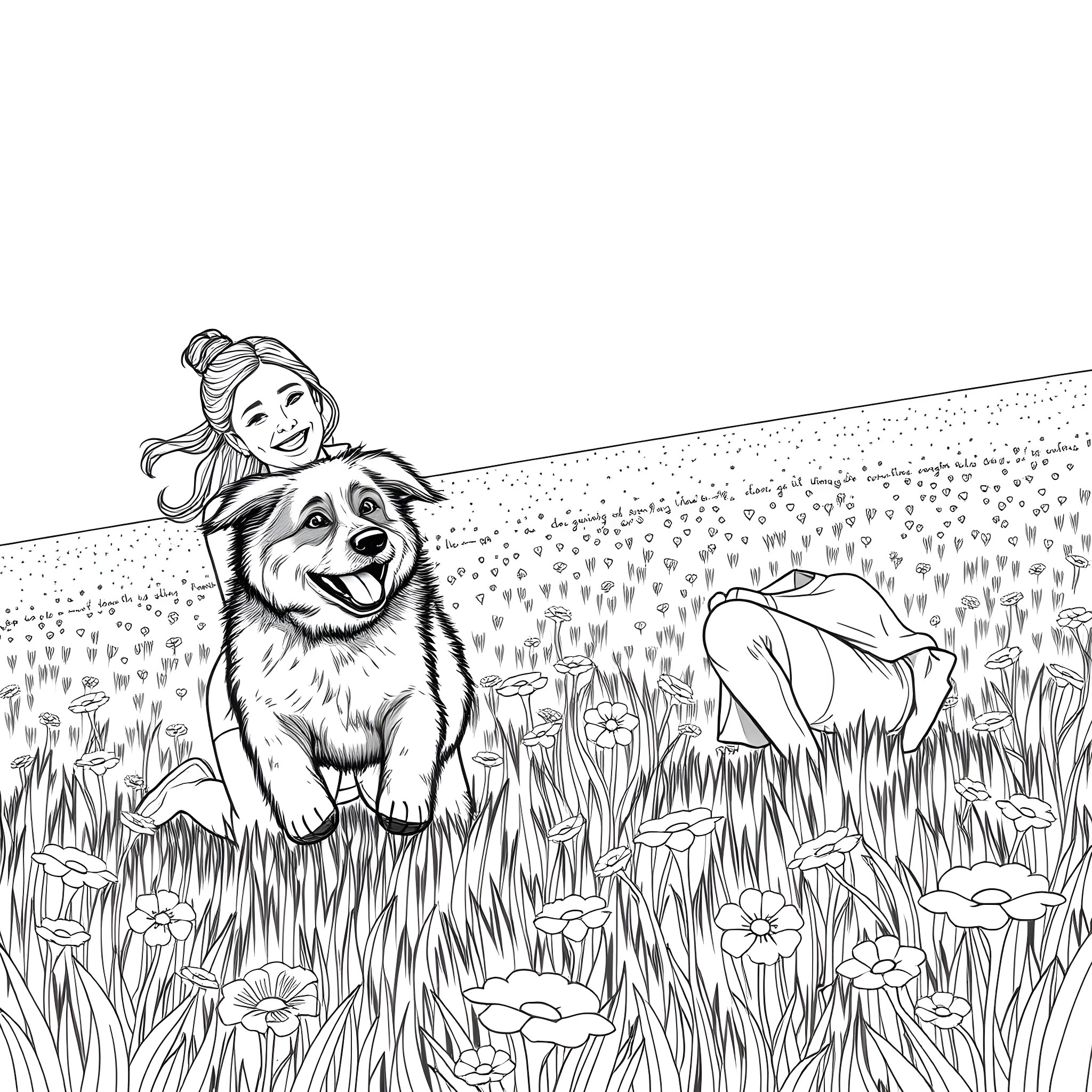 Dog happily playing with girl in floral field Coloring Page (free black-and-white line drawing printable PDF for all, from beginners to advanced learners, including children, teens, adults, and seniors)
