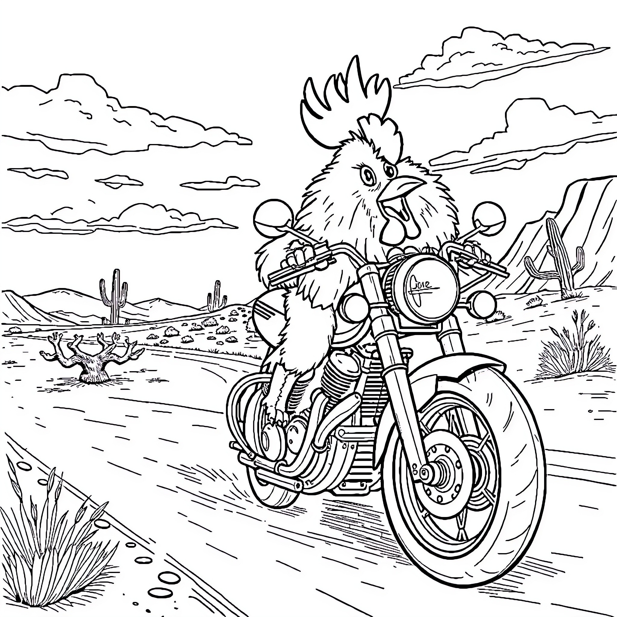 Chicken riding a motorcycle in the desert Coloring Page (free black-and-white line drawing printable PDF for all, from beginners to advanced learners, including children, teens, adults, and seniors)