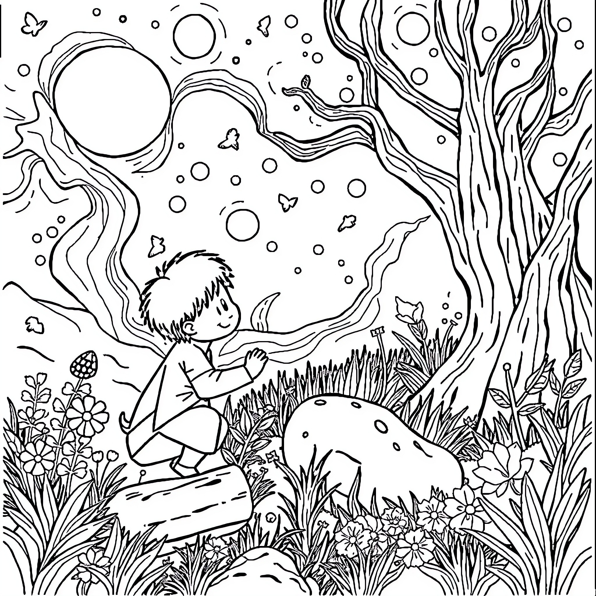Adventure Time in the Enchanted Forest Coloring Page (free black-and-white line drawing printable PDF for all, from beginners to advanced learners, including children, teens, adults, and seniors)