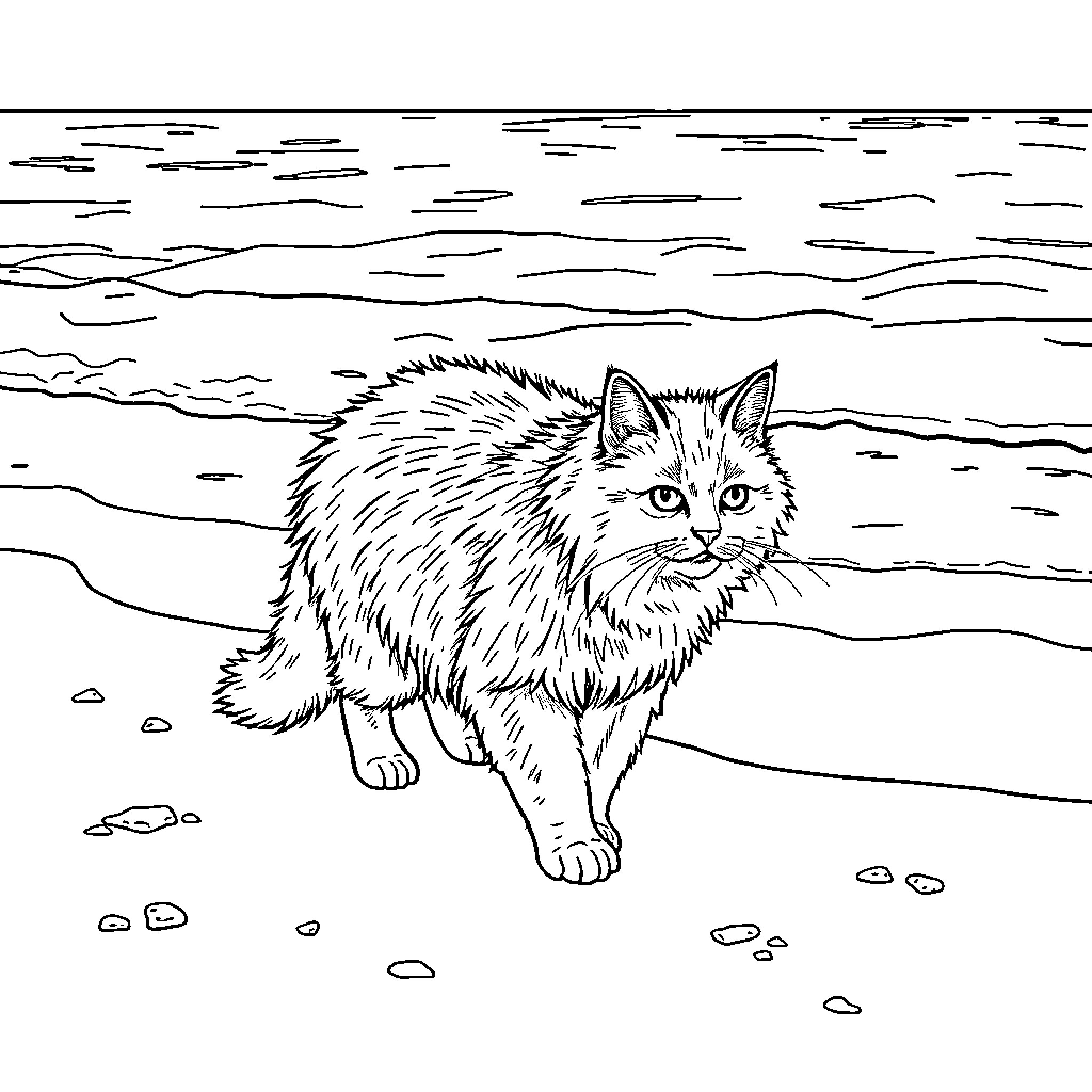 Cat exploring on a snowy landscape Coloring Page (free black-and-white line drawing printable PDF for all, from beginners to advanced learners, including children, teens, adults, and seniors)