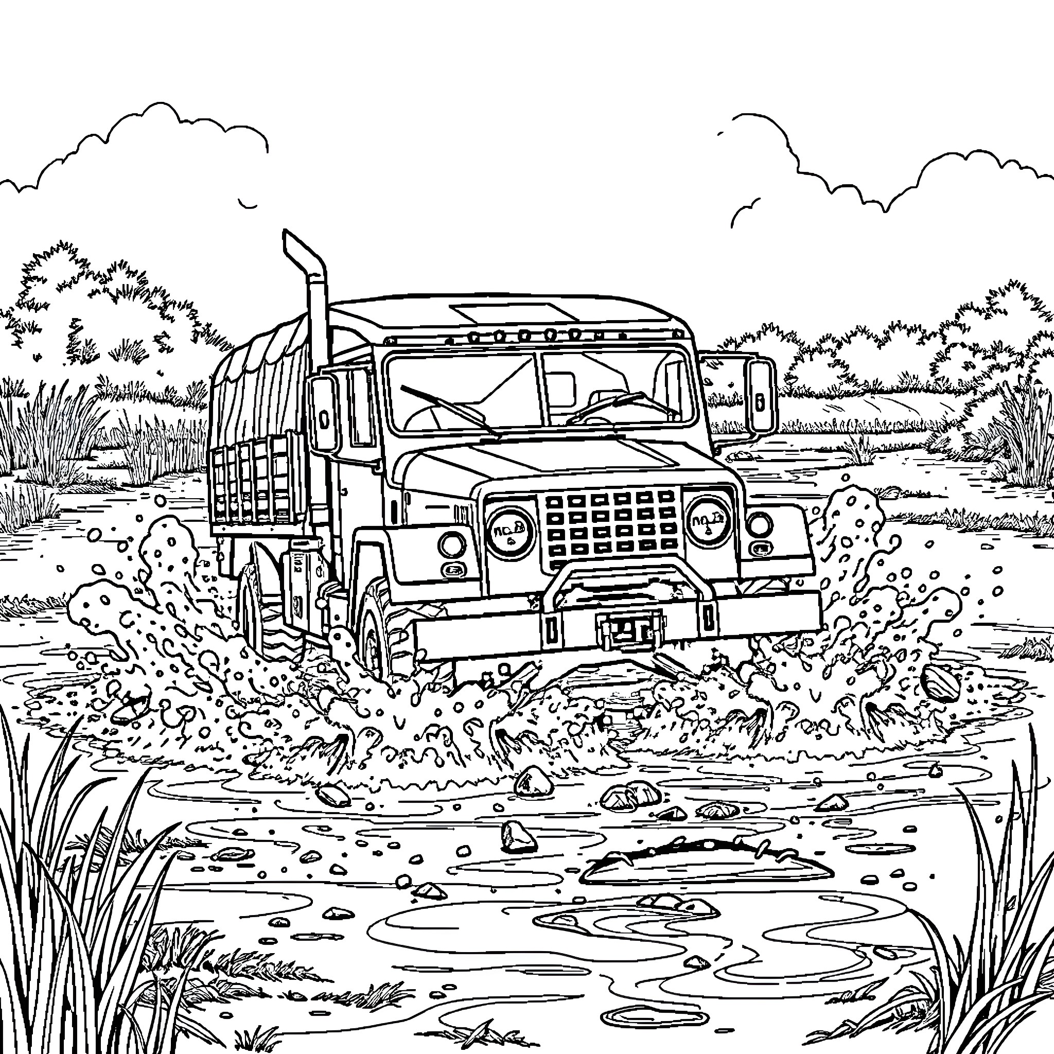 Truck traversing through muddy terrain Coloring Page (free black-and-white line drawing printable PDF for all, from beginners to advanced learners, including children, teens, adults, and seniors)