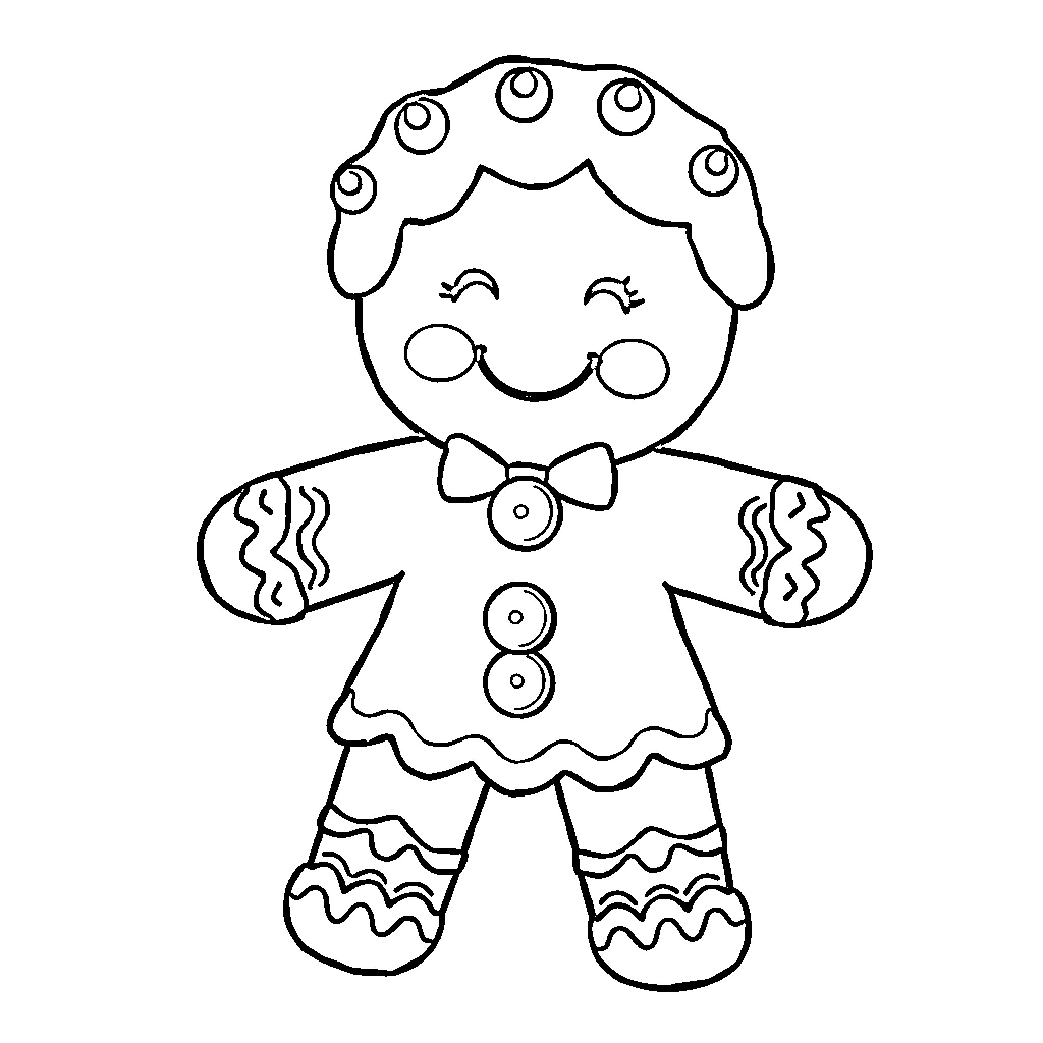 Gingerbread Woman happily smiling and posing Coloring Page (free black-and-white line drawing printable PDF for all, from beginners to advanced learners, including children, teens, adults, and seniors)