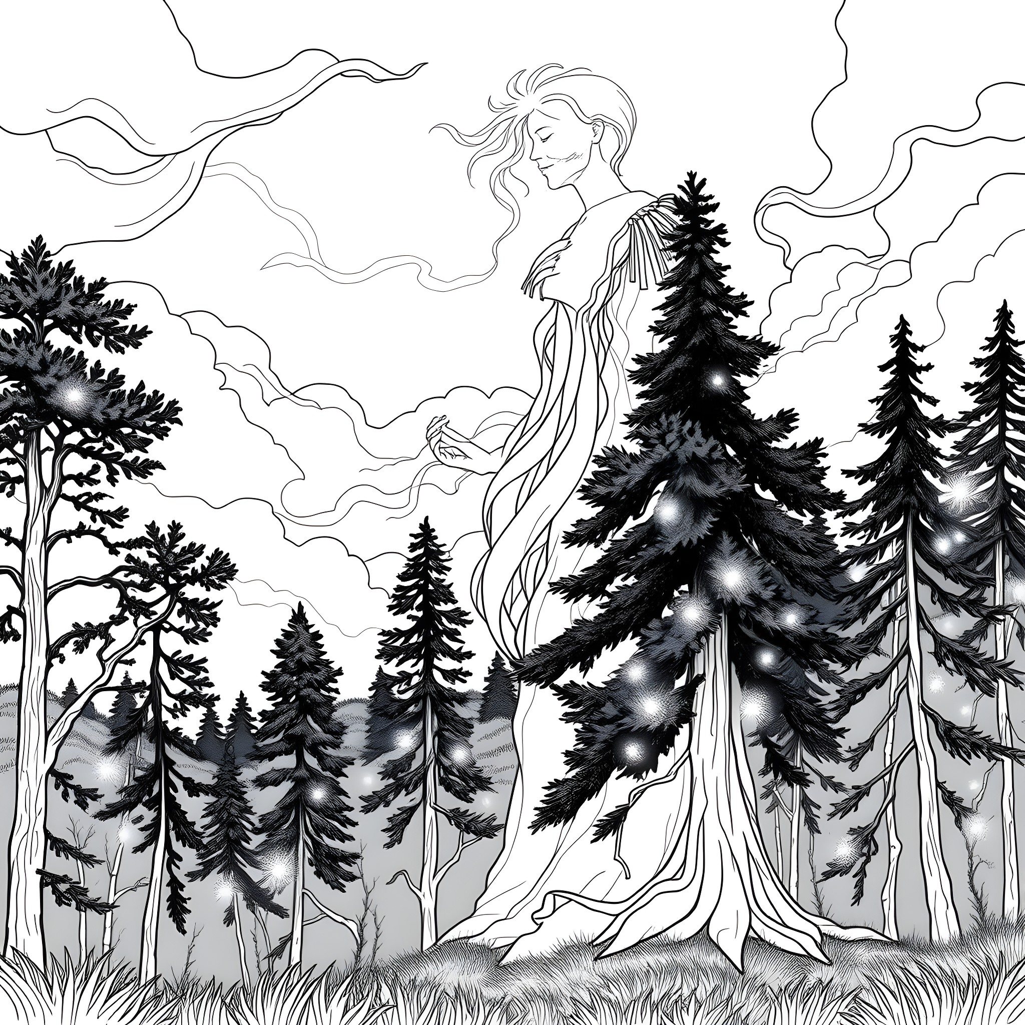 Spirit of the Forest Coloring Page (free black-and-white line drawing printable PDF for all, from beginners to advanced learners, including children, teens, adults, and seniors)