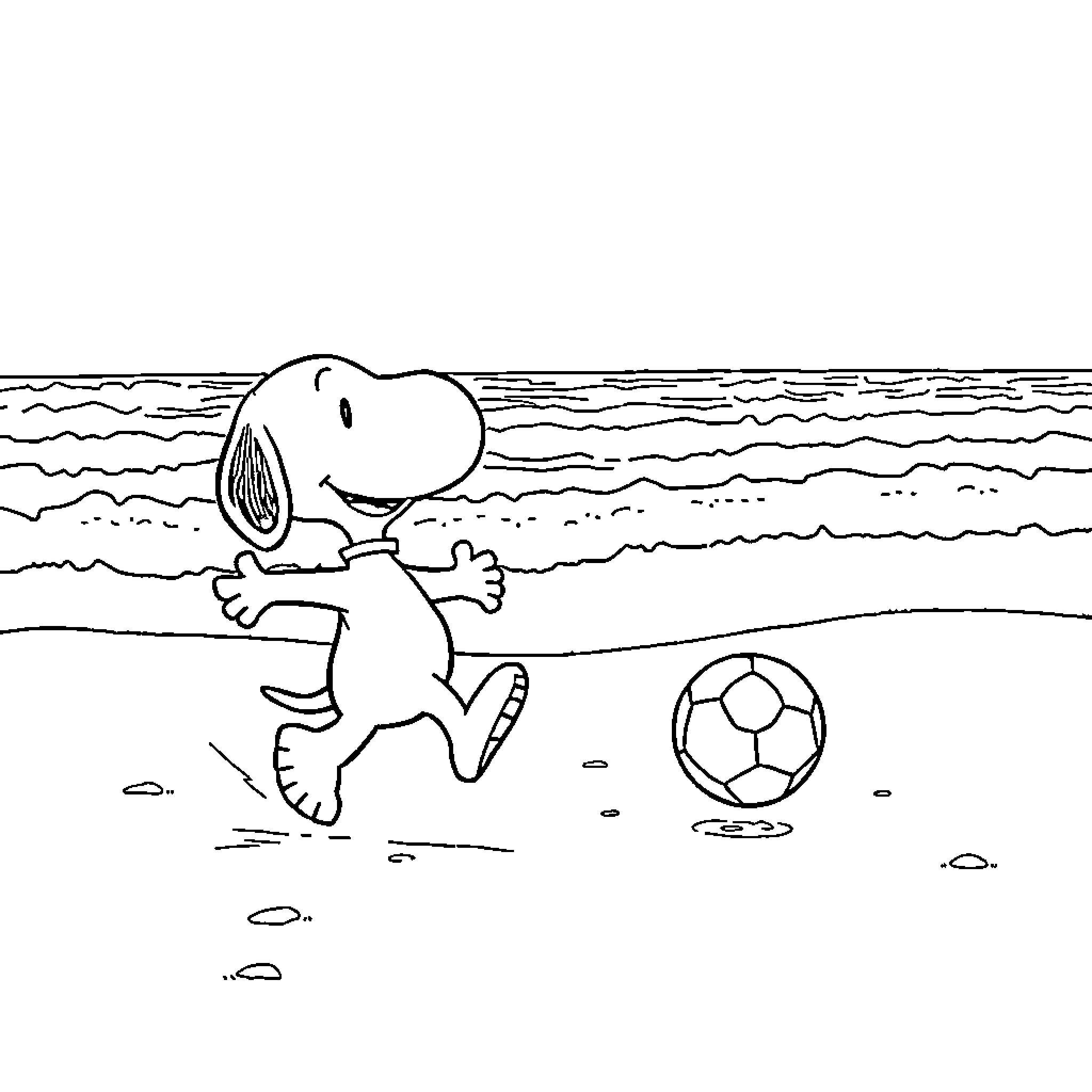 Snoopy playing soccer on the beach Coloring Page (free black-and-white line drawing printable PDF for all, from beginners to advanced learners, including children, teens, adults, and seniors)