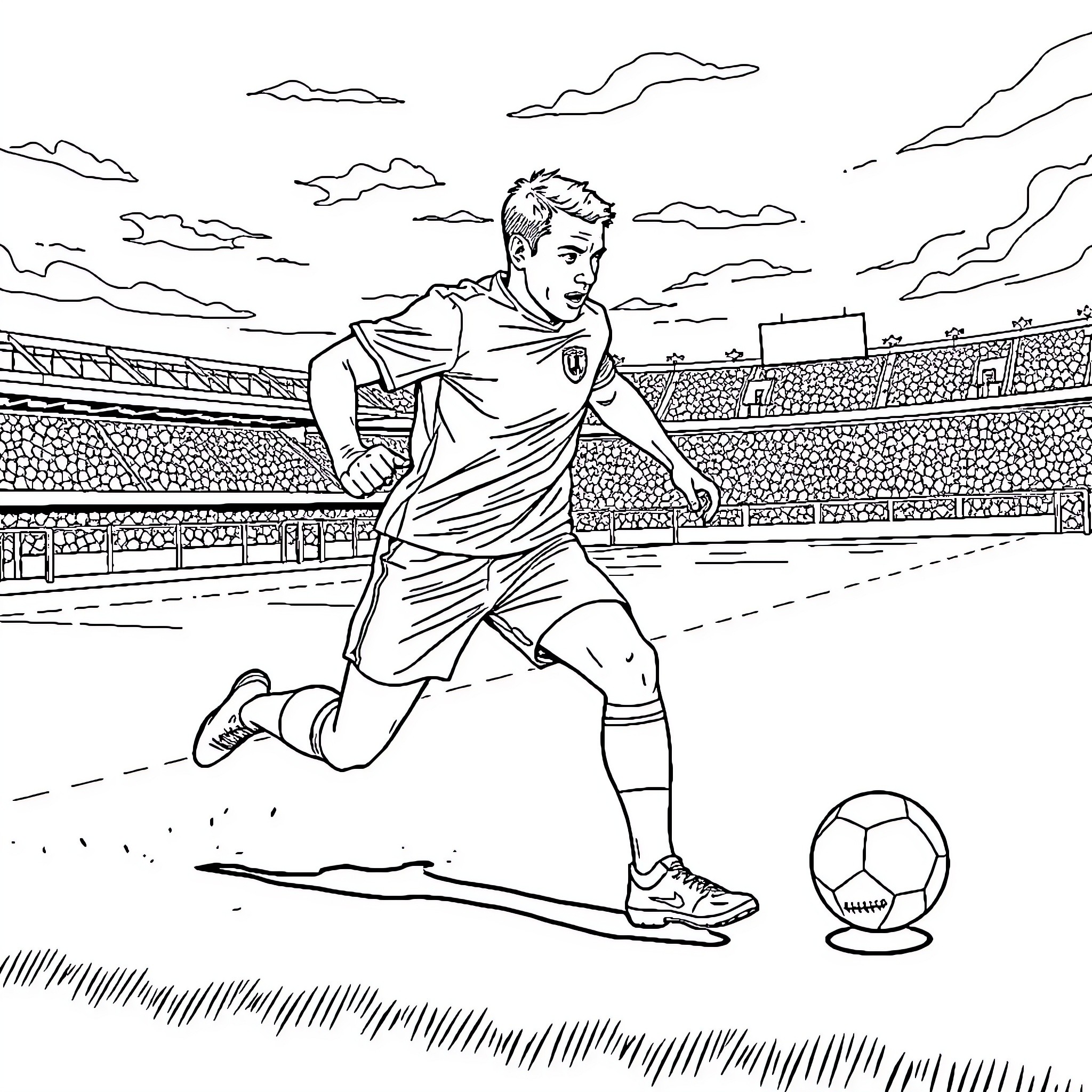 Spider-Man playing soccer in a stadium Coloring Page (free black-and-white line drawing printable PDF for all, from beginners to advanced learners, including children, teens, adults, and seniors)