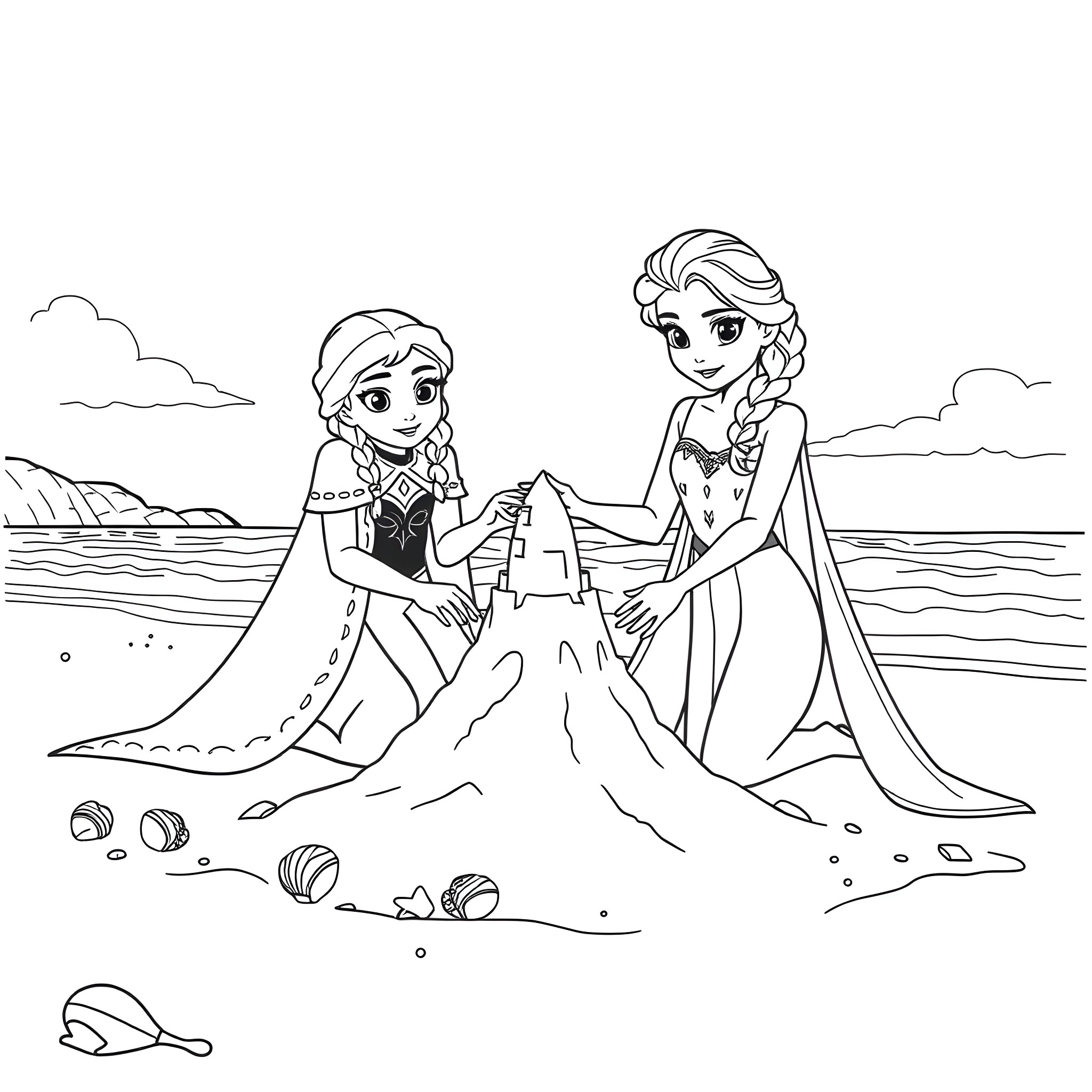 Anna and Elsa enjoying a day at the beach Coloring Page (free black-and-white line drawing printable PDF for all, from beginners to advanced learners, including children, teens, adults, and seniors)