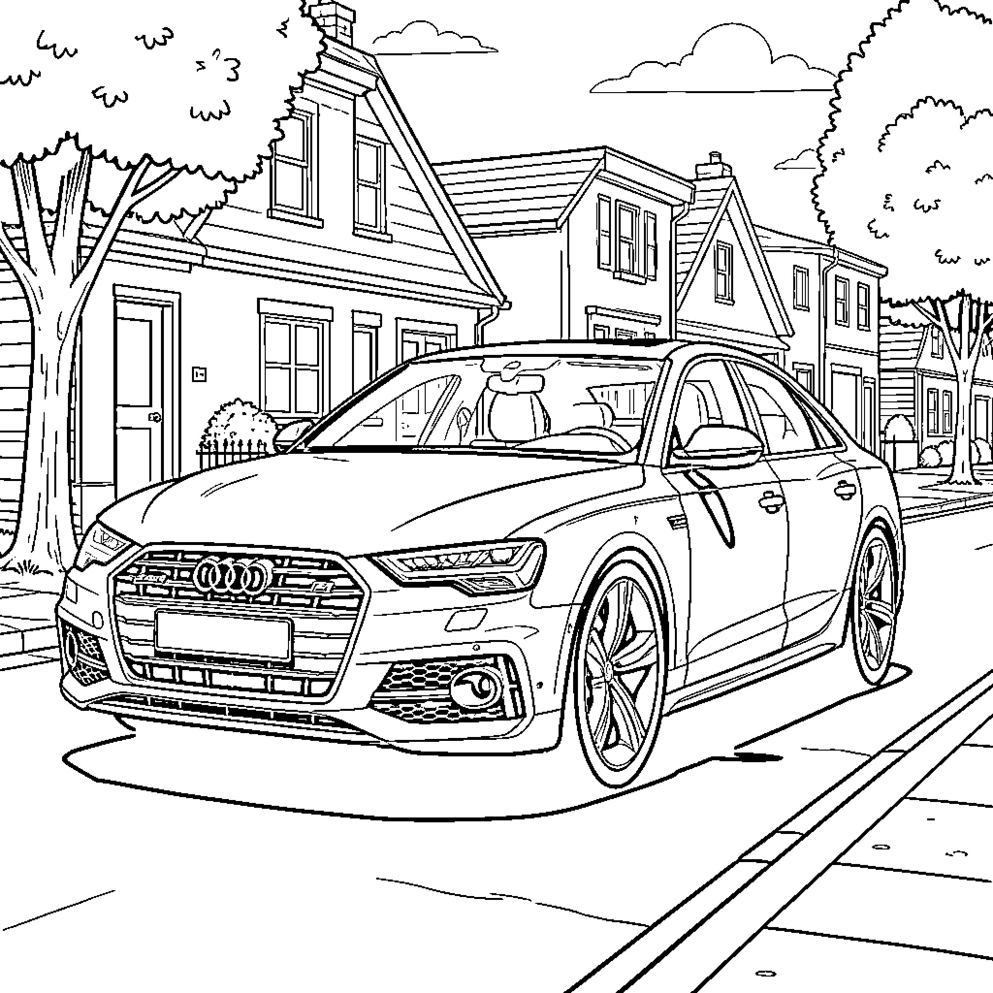 Audi sedan driving through scenic town Coloring Page (free black-and-white line drawing printable PDF for all, from beginners to advanced learners, including children, teens, adults, and seniors)