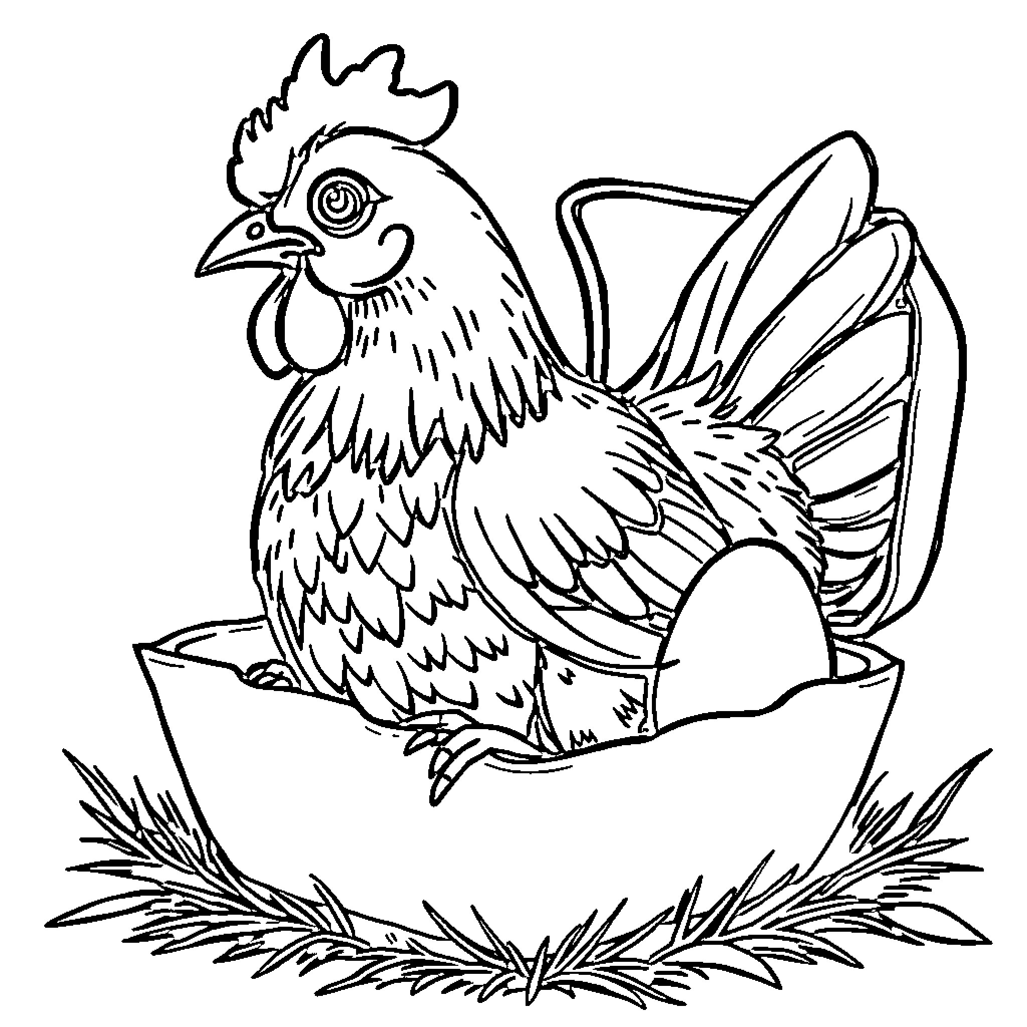 Chicken sitting on nest with eggs Coloring Page (free black-and-white line drawing printable PDF for all, from beginners to advanced learners, including children, teens, adults, and seniors)