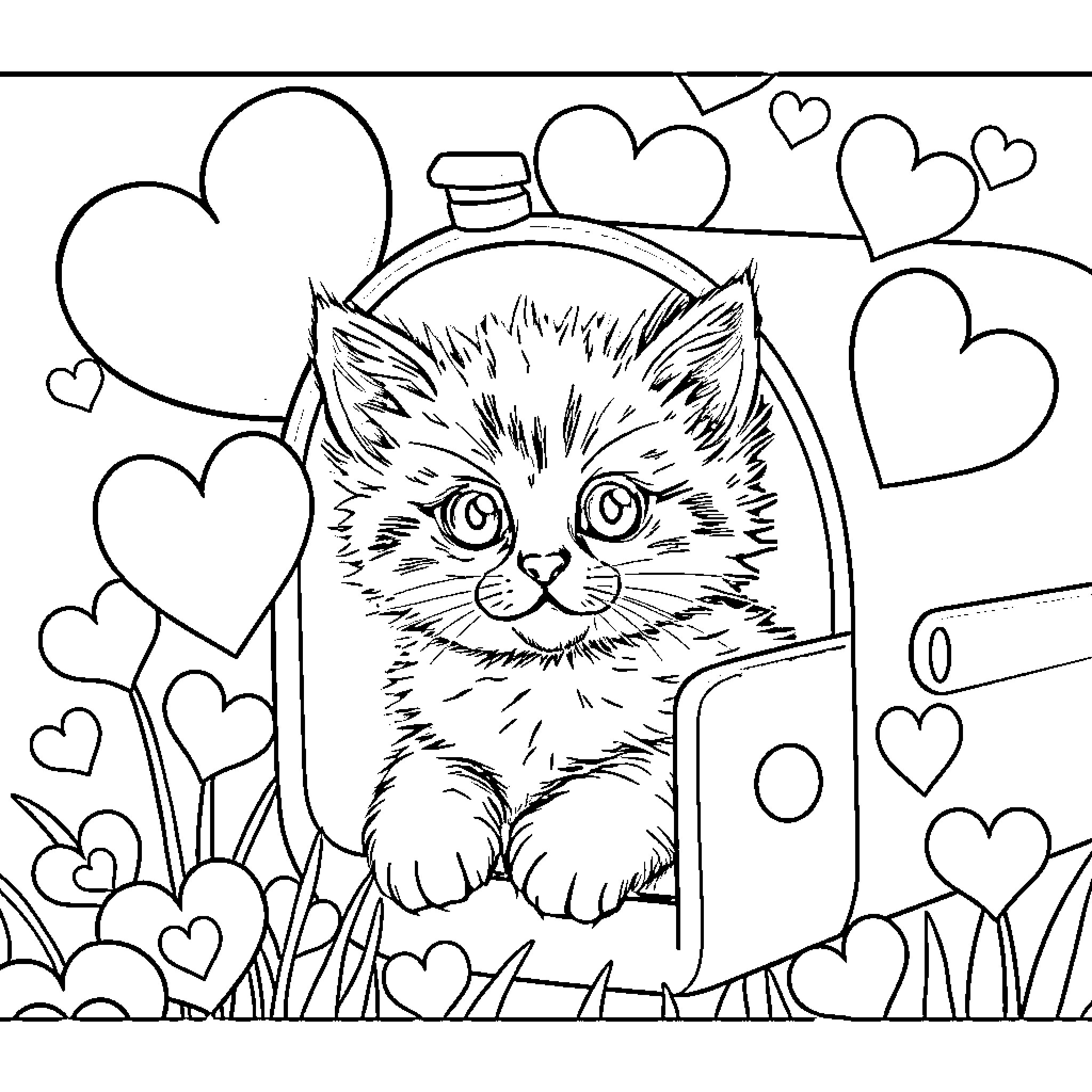 Kitten surrounded by hearts in a heart-shaped frame Coloring Page (free black-and-white line drawing printable PDF for all, from beginners to advanced learners, including children, teens, adults, and seniors)