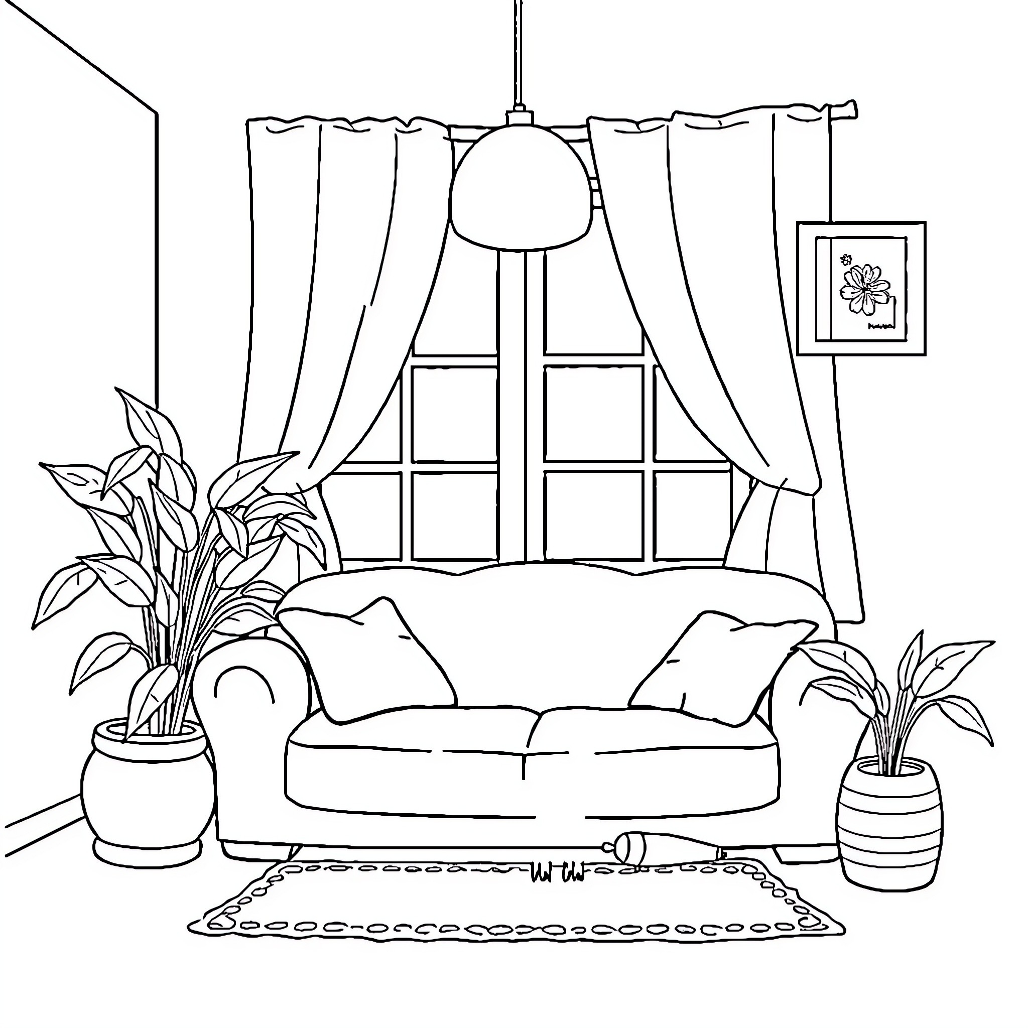 Dog resting comfortably in cozy living room Coloring Page (free black-and-white line drawing printable PDF for all, from beginners to advanced learners, including children, teens, adults, and seniors)