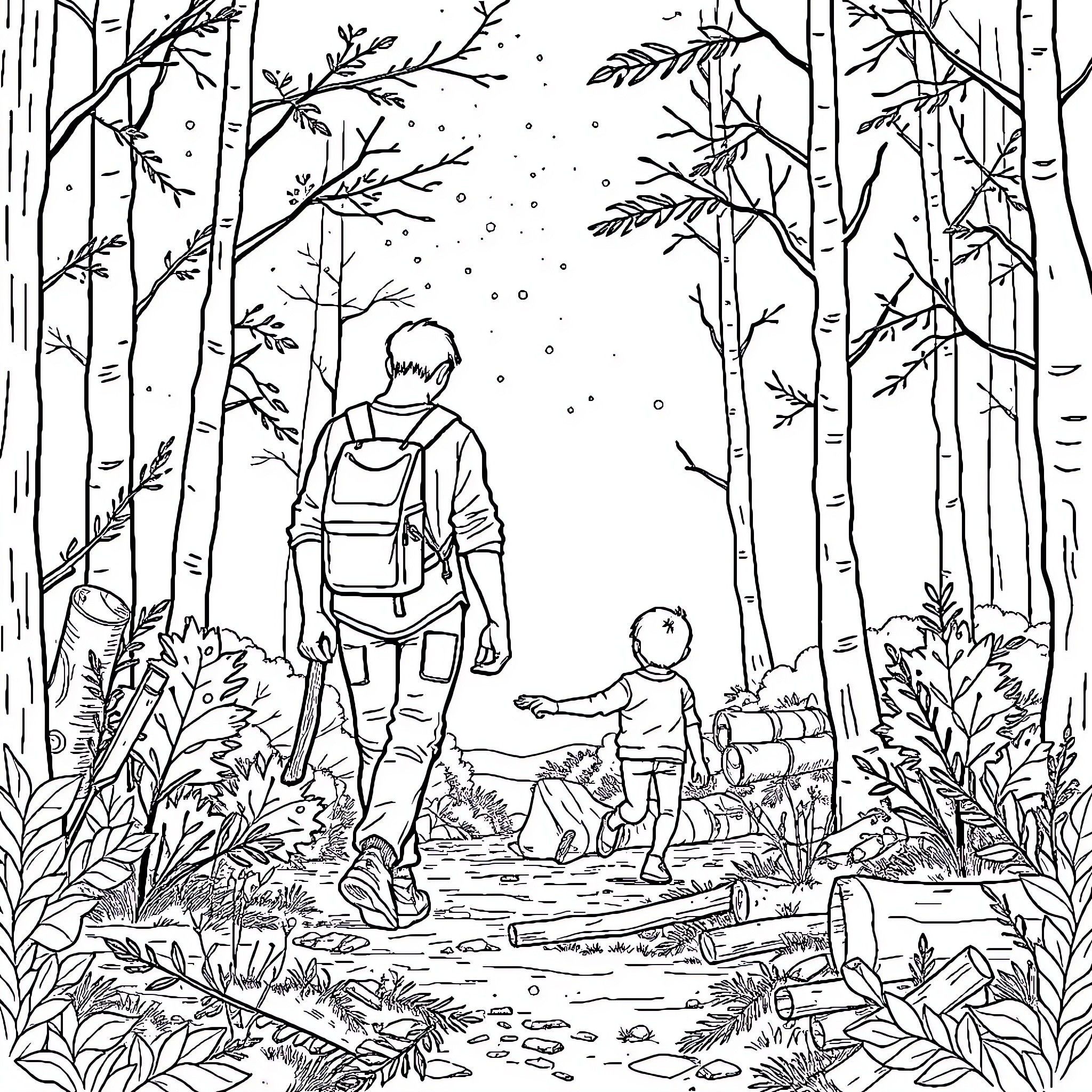Dad and child explore the enchanting forest Coloring Page (free black-and-white line drawing printable PDF for all, from beginners to advanced learners, including children, teens, adults, and seniors)