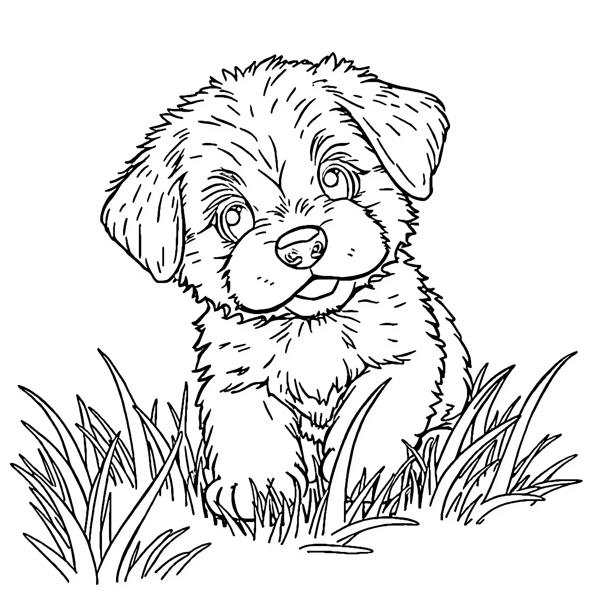 Puppy playing in the grass Coloring Page (free black-and-white line drawing printable PDF for all, from beginners to advanced learners, including children, teens, adults, and seniors)