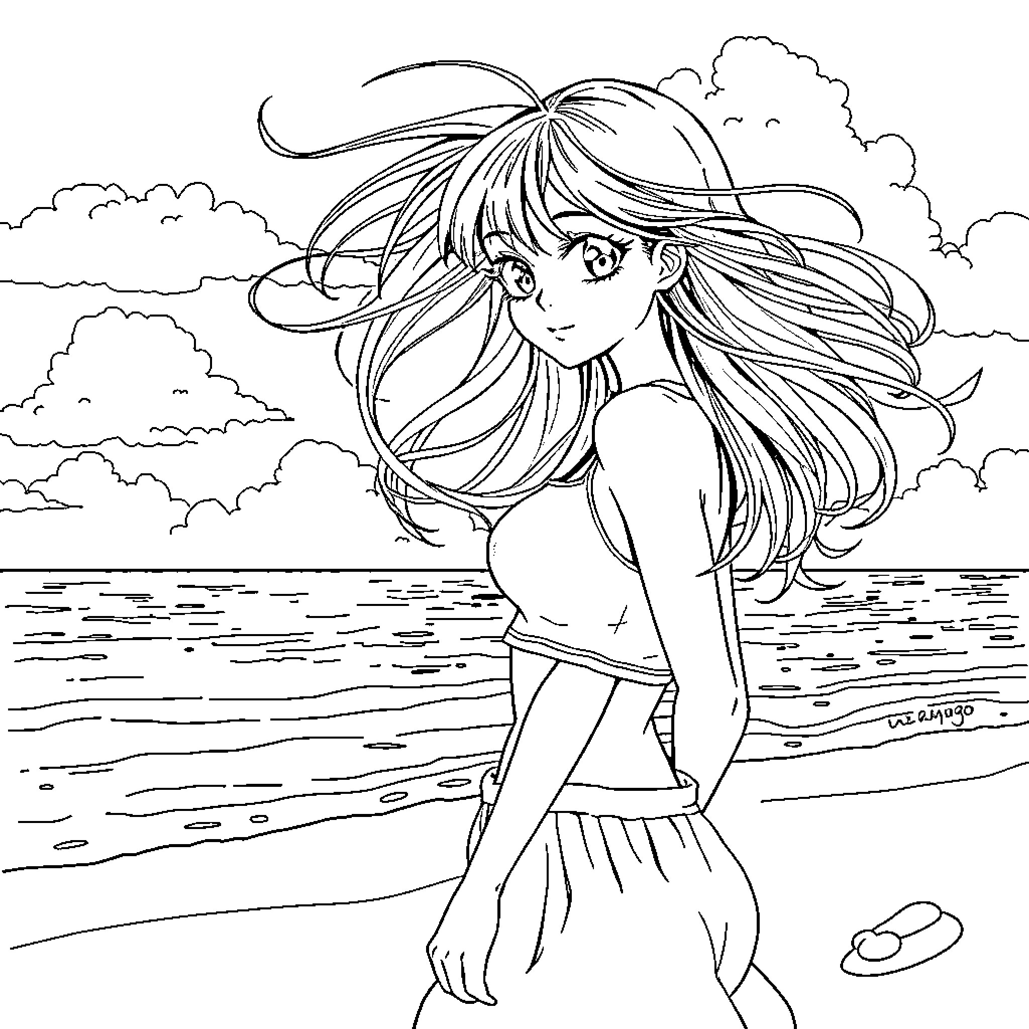 Anime Girl Enjoying the Serene Beach Scene Coloring Page (free black-and-white line drawing printable PDF for all, from beginners to advanced learners, including children, teens, adults, and seniors)