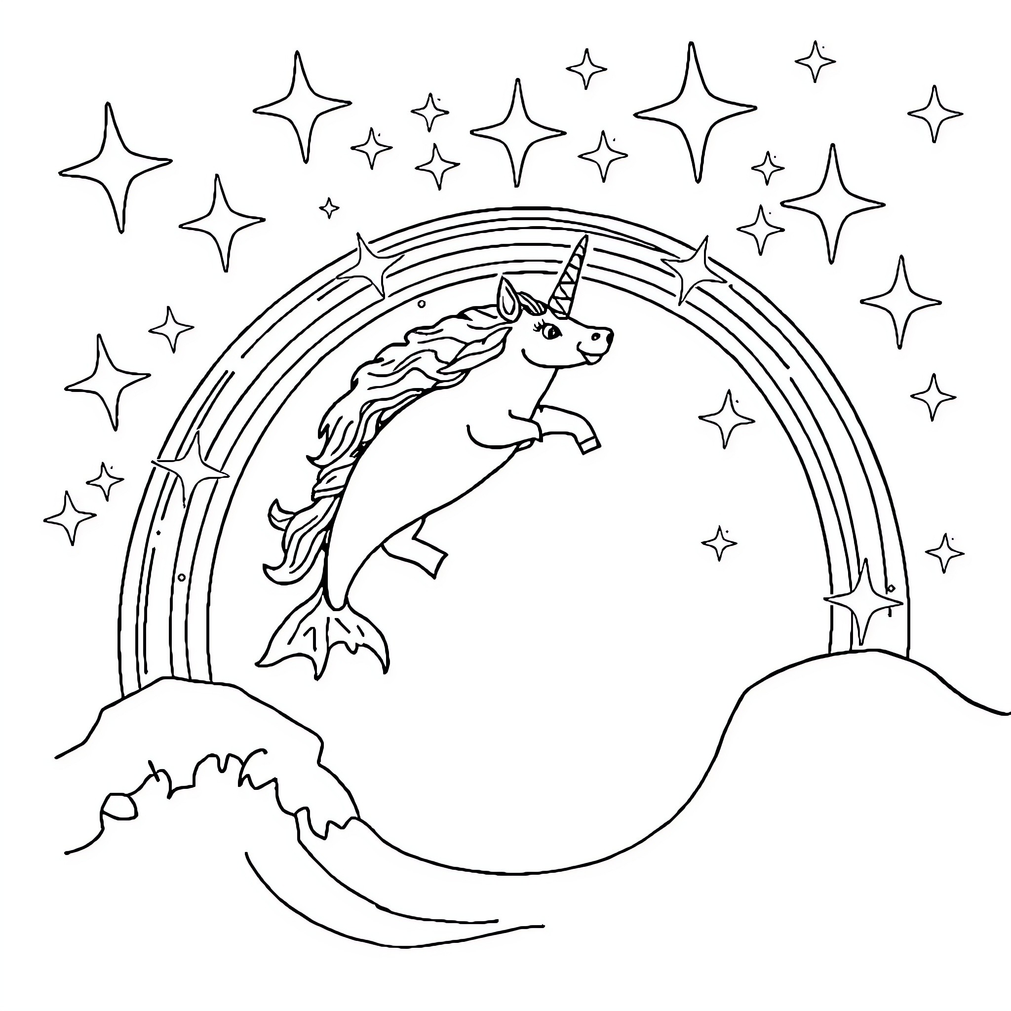 Licorne soaring through starry night sky Coloring Page (free black-and-white line drawing printable PDF for all, from beginners to advanced learners, including children, teens, adults, and seniors)