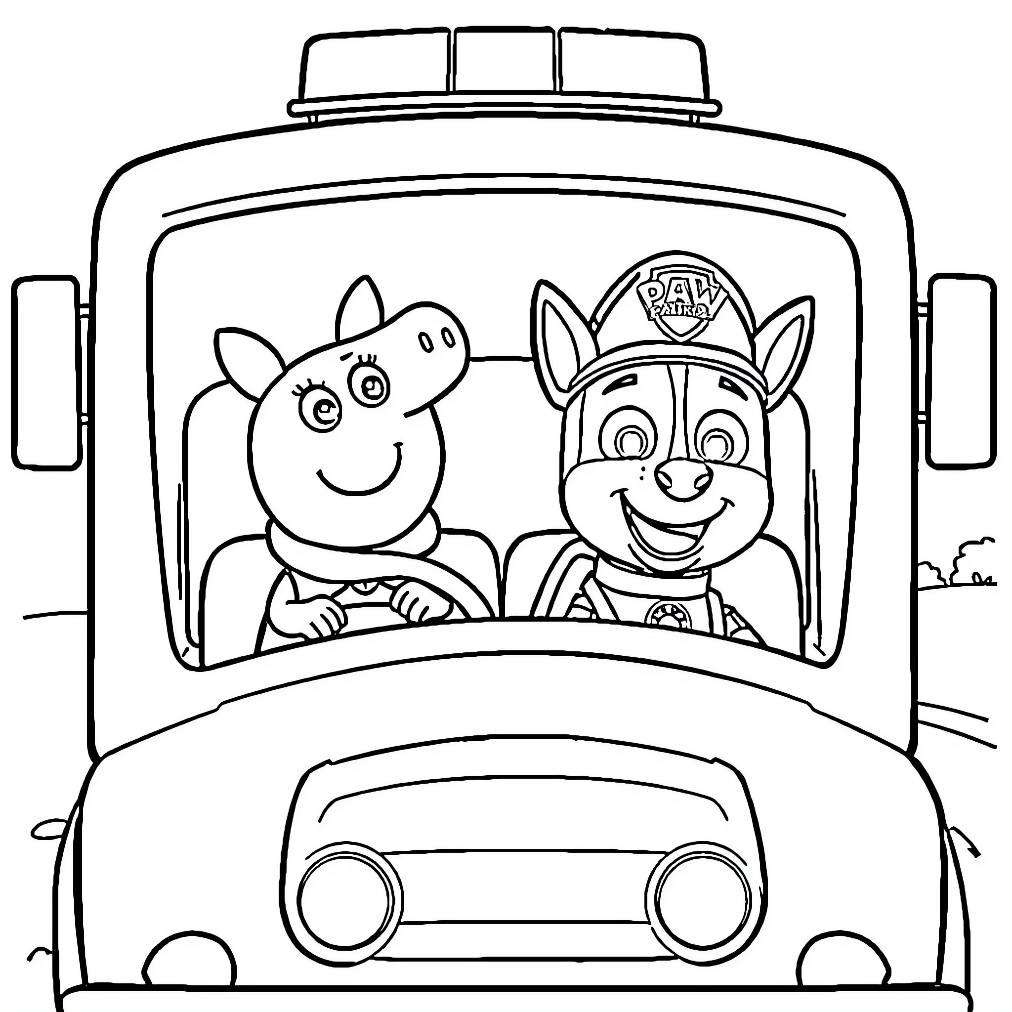 Peppa Pig and Paw Patrol character in a vehicle Coloring Page (free black-and-white line drawing printable PDF for all, from beginners to advanced learners, including children, teens, adults, and seniors)
