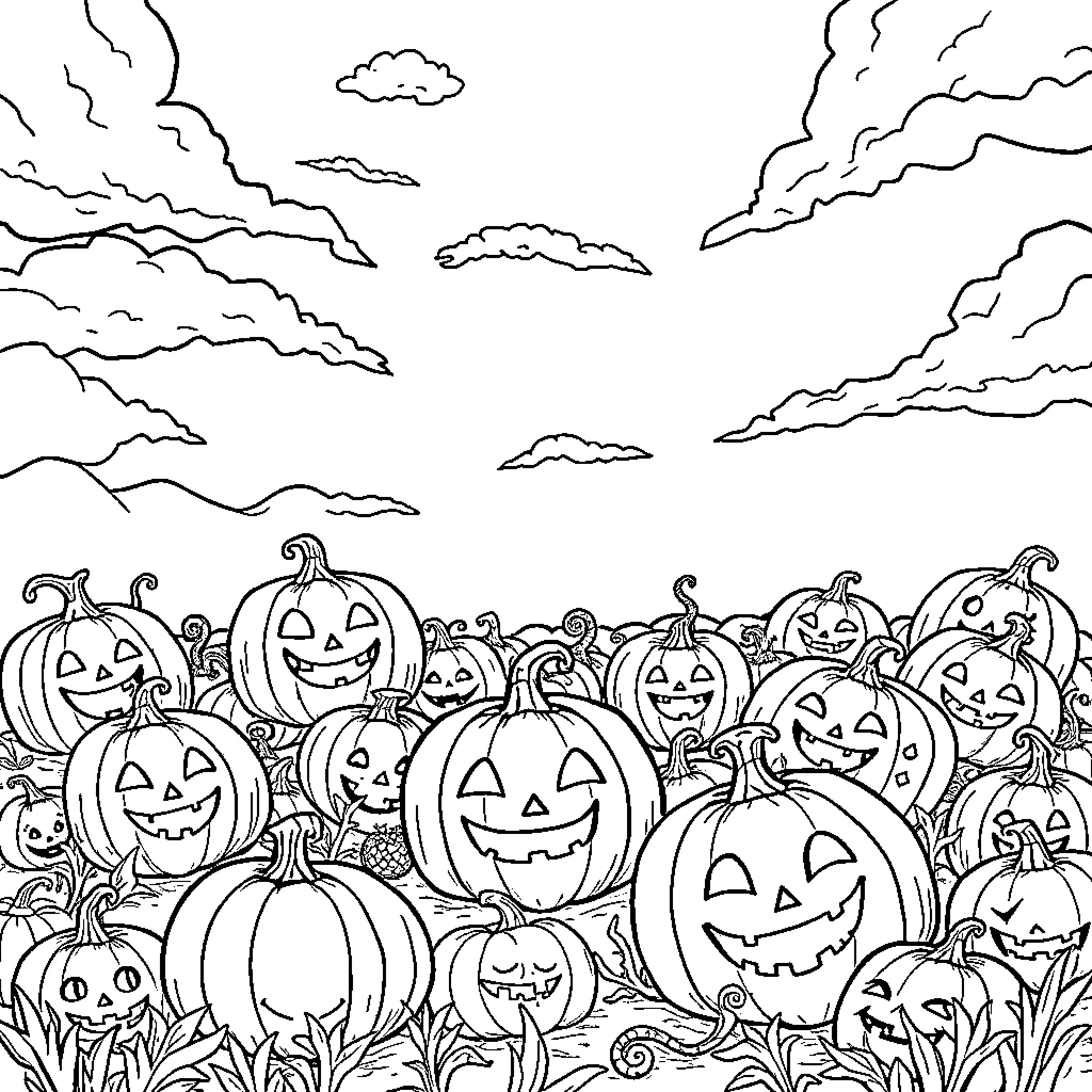 Pumpkin Patch of Smiling Jack-o'-lanterns Coloring Page (free black-and-white line drawing printable PDF for all, from beginners to advanced learners, including children, teens, adults, and seniors)
