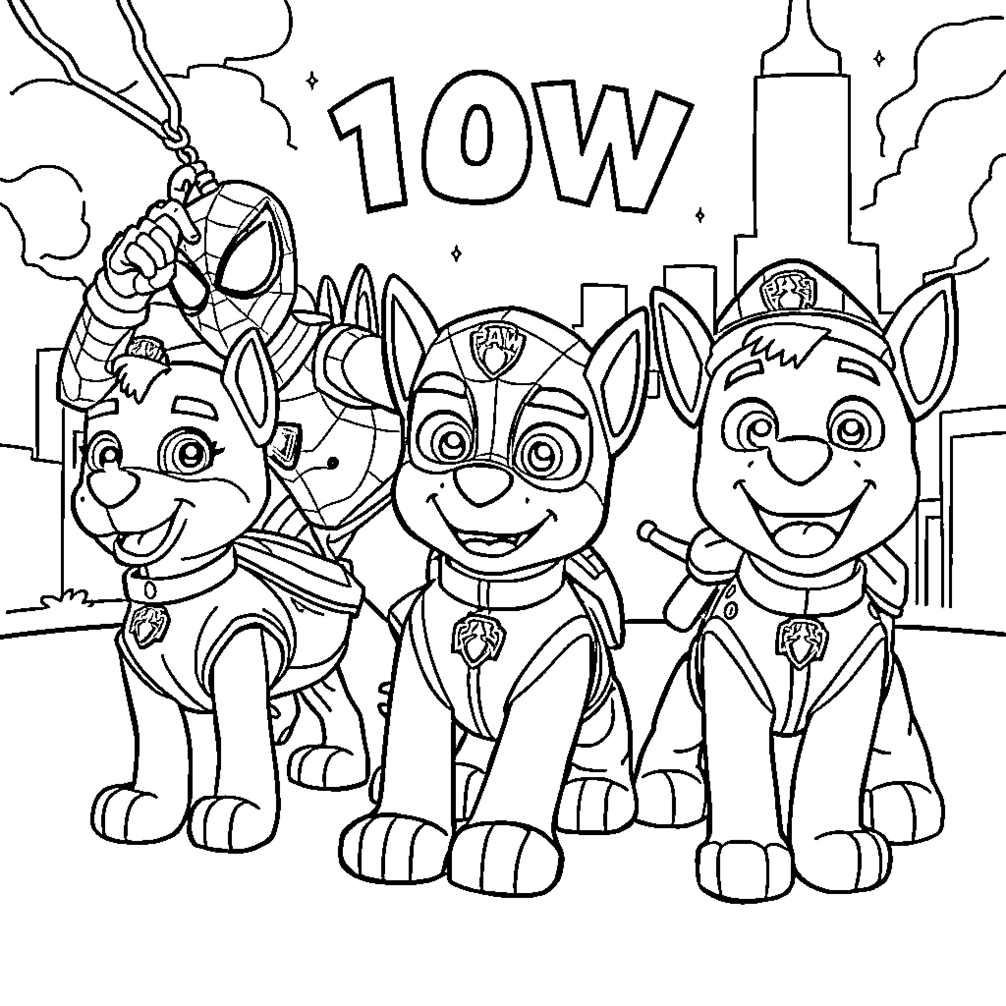 Paw Patrol Team Celebrating in the City Coloring Page (free black-and-white line drawing printable PDF for all, from beginners to advanced learners, including children, teens, adults, and seniors)