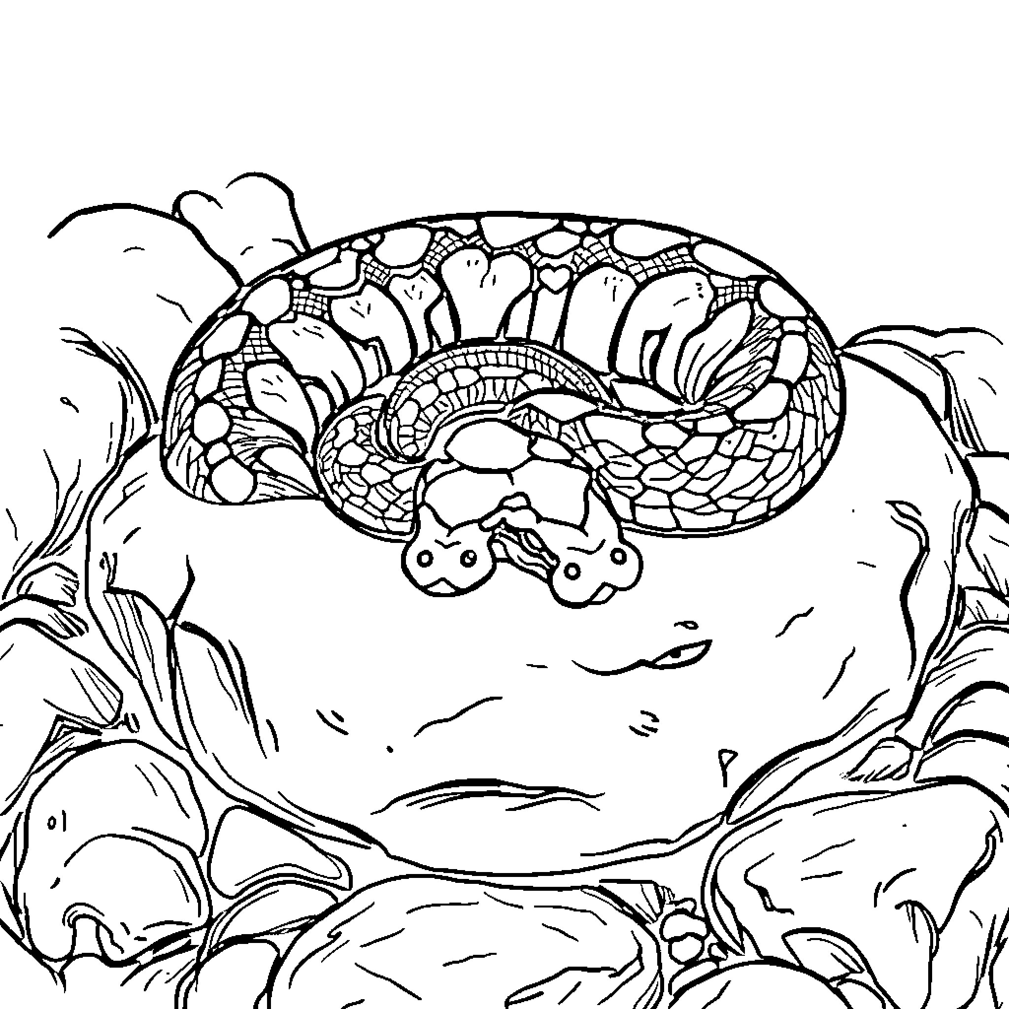 Ball Python coiled in a decorative environment Coloring Page (free black-and-white line drawing printable PDF for all, from beginners to advanced learners, including children, teens, adults, and seniors)