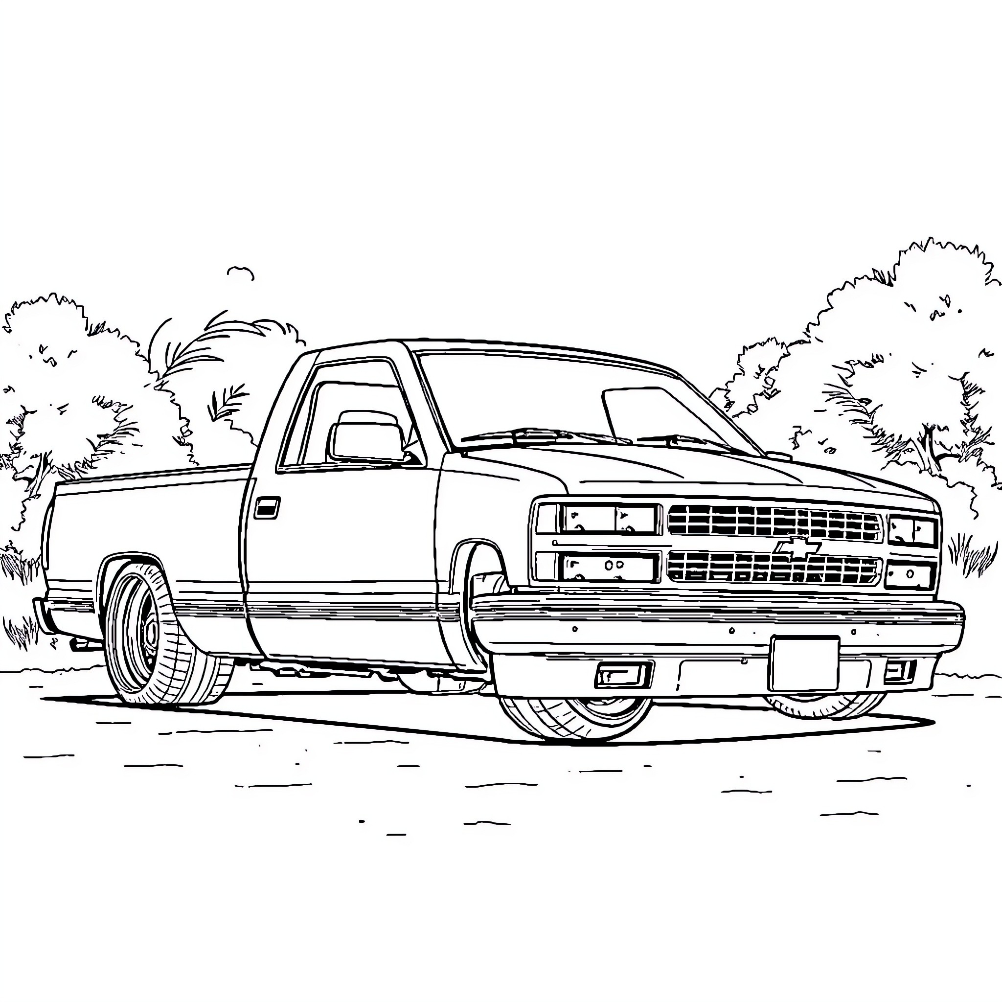 Chevy truck driving through scenic countryside Coloring Page (free black-and-white line drawing printable PDF for all, from beginners to advanced learners, including children, teens, adults, and seniors)