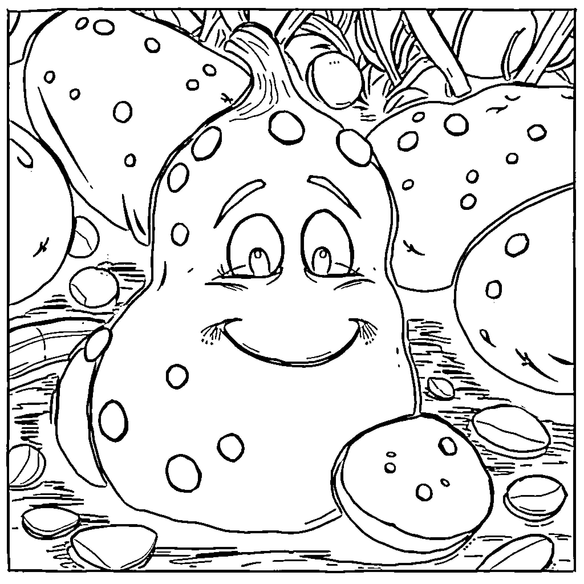 Potato character with happy expression in playful scene Coloring Page (free black-and-white line drawing printable PDF for all, from beginners to advanced learners, including children, teens, adults, and seniors)