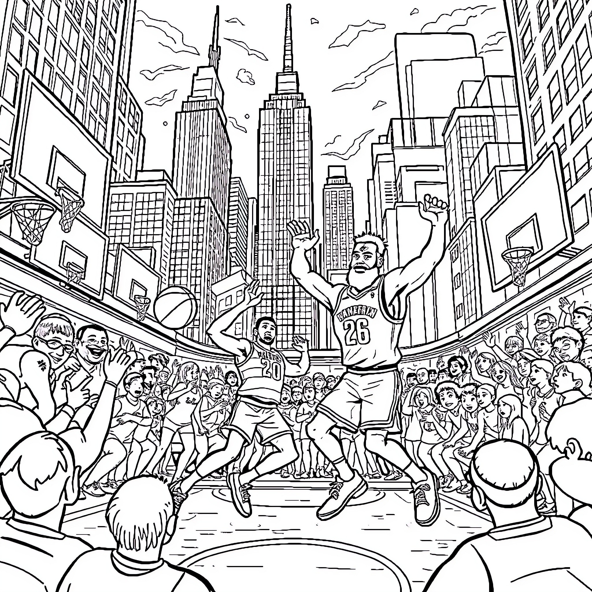 Cricket match in the heart of the city Coloring Page (free black-and-white line drawing printable PDF for all, from beginners to advanced learners, including children, teens, adults, and seniors)