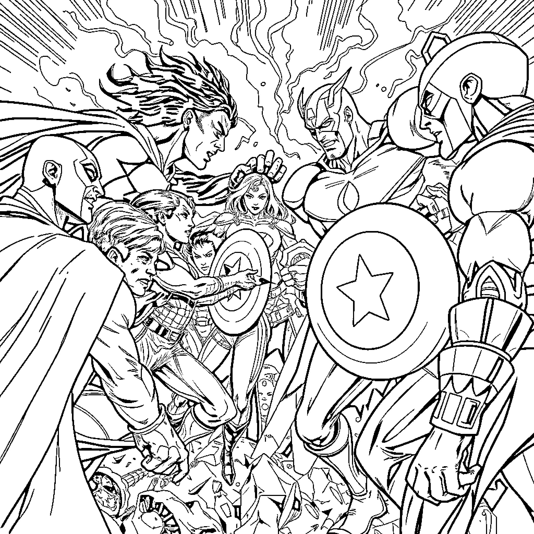 Superhero Group Action Scene with Dramatic Poses Coloring Page (free black-and-white line drawing printable PDF for all, from beginners to advanced learners, including children, teens, adults, and seniors)
