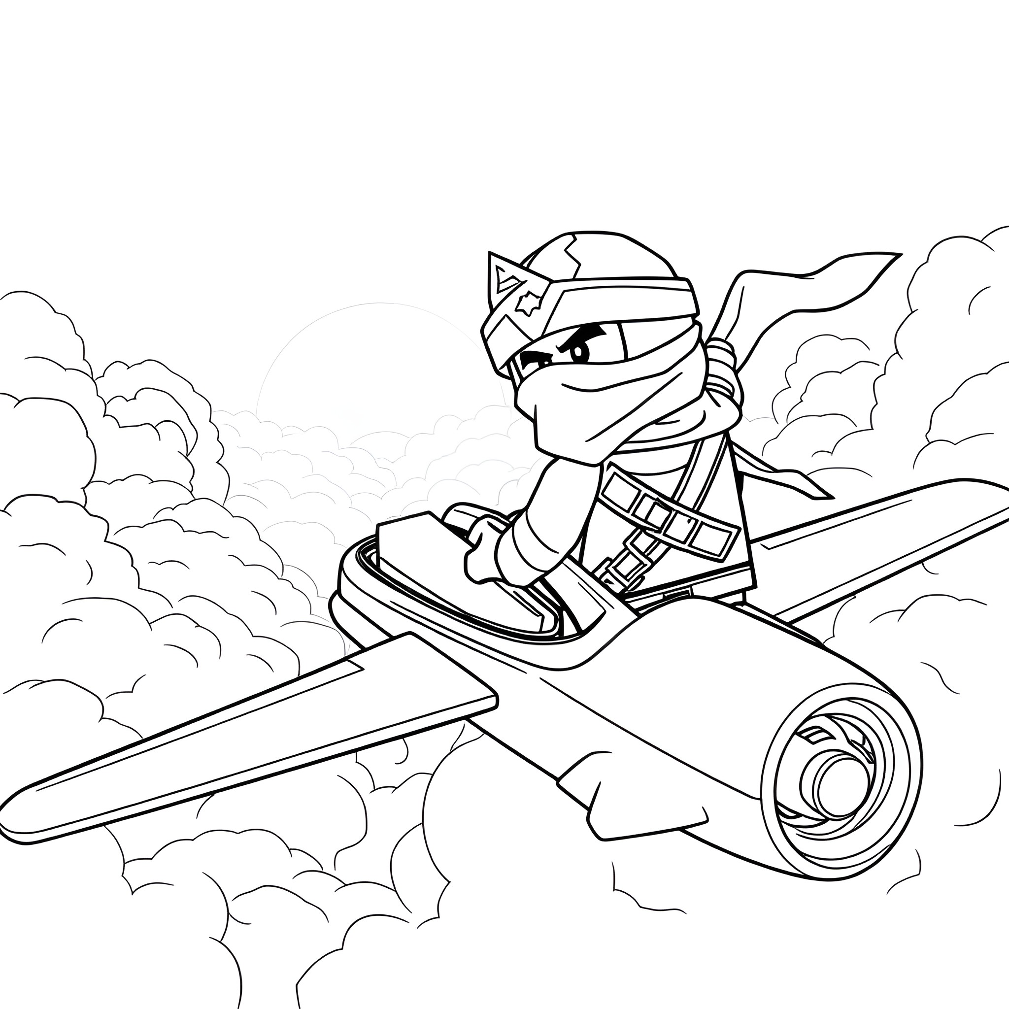 Zain the Ninja Pilot Flying High in the Sky Coloring Page (free black-and-white line drawing printable PDF for all, from beginners to advanced learners, including children, teens, adults, and seniors)
