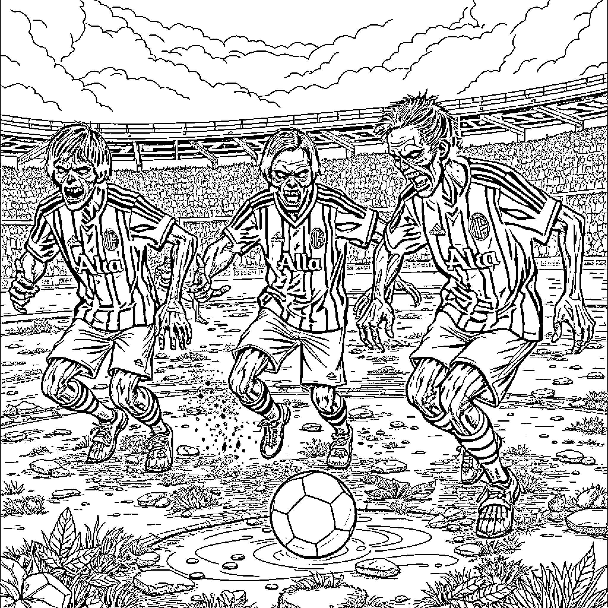 Zombie Soccer Players Compete on the Field Coloring Page (free black-and-white line drawing printable PDF for all, from beginners to advanced learners, including children, teens, adults, and seniors)