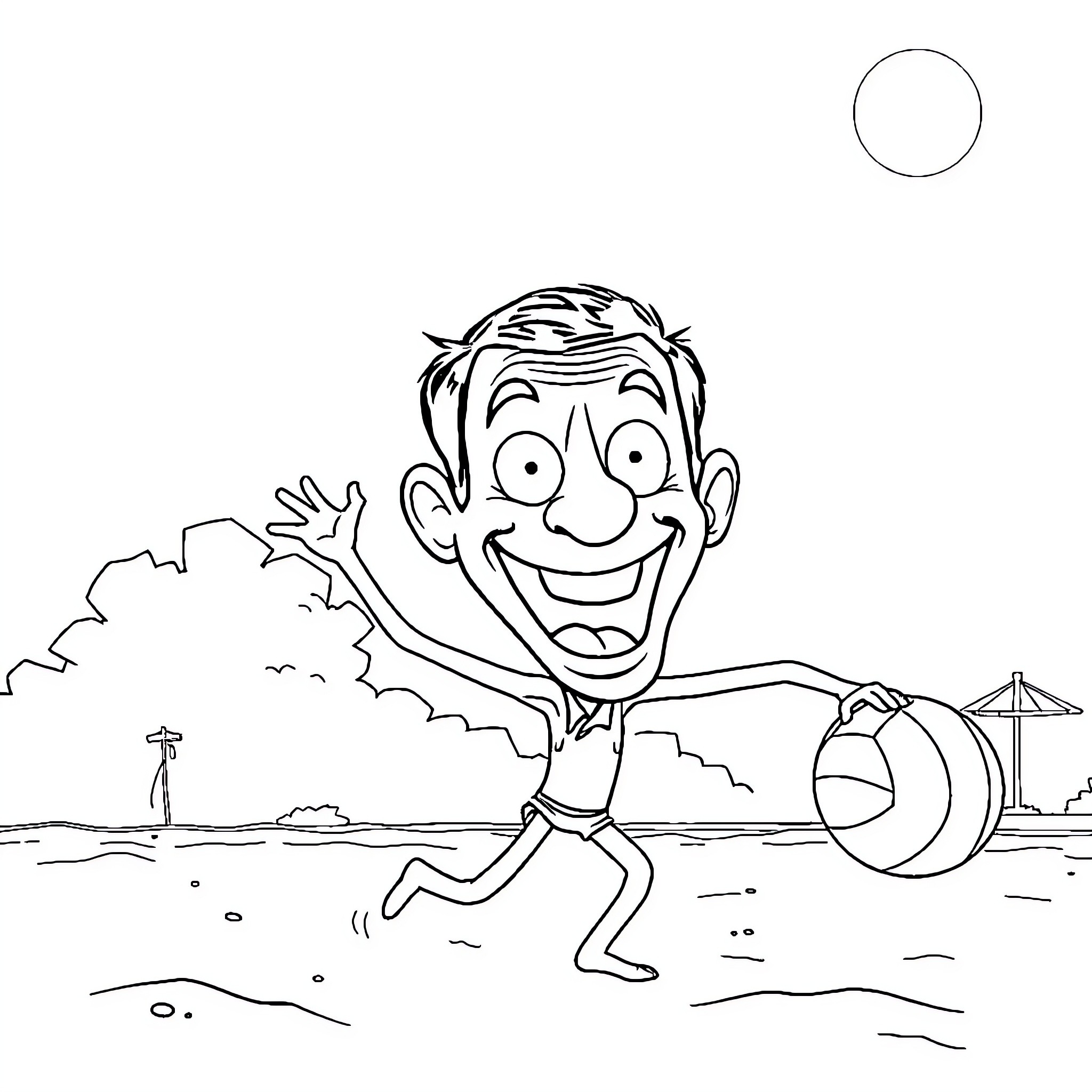 Mr Bean's Humorous Beach Adventure Coloring Page (free black-and-white line drawing printable PDF for all, from beginners to advanced learners, including children, teens, adults, and seniors)