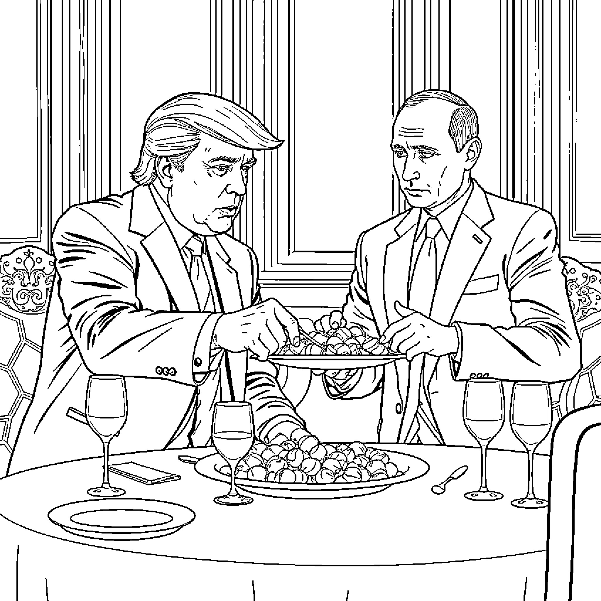 Donald Trump and Vladimir Putin in formal meeting Coloring Page (free black-and-white line drawing printable PDF for all, from beginners to advanced learners, including children, teens, adults, and seniors)