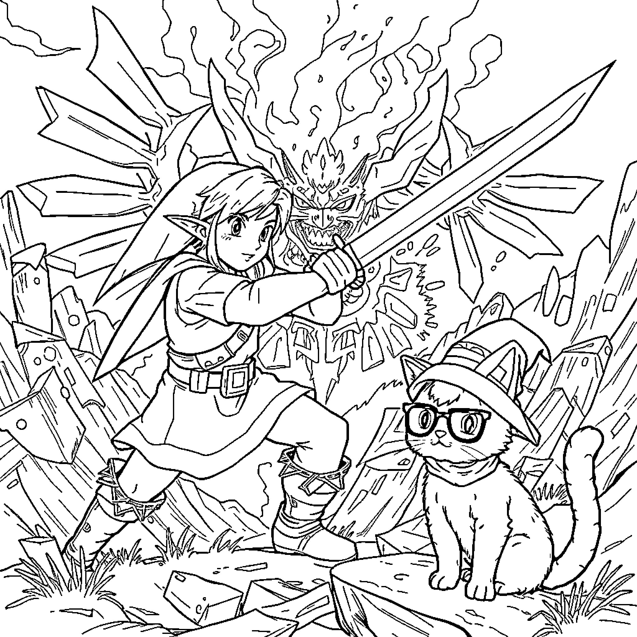 Link heroically battles evil with a loyal companion Coloring Page (free black-and-white line drawing printable PDF for all, from beginners to advanced learners, including children, teens, adults, and seniors)
