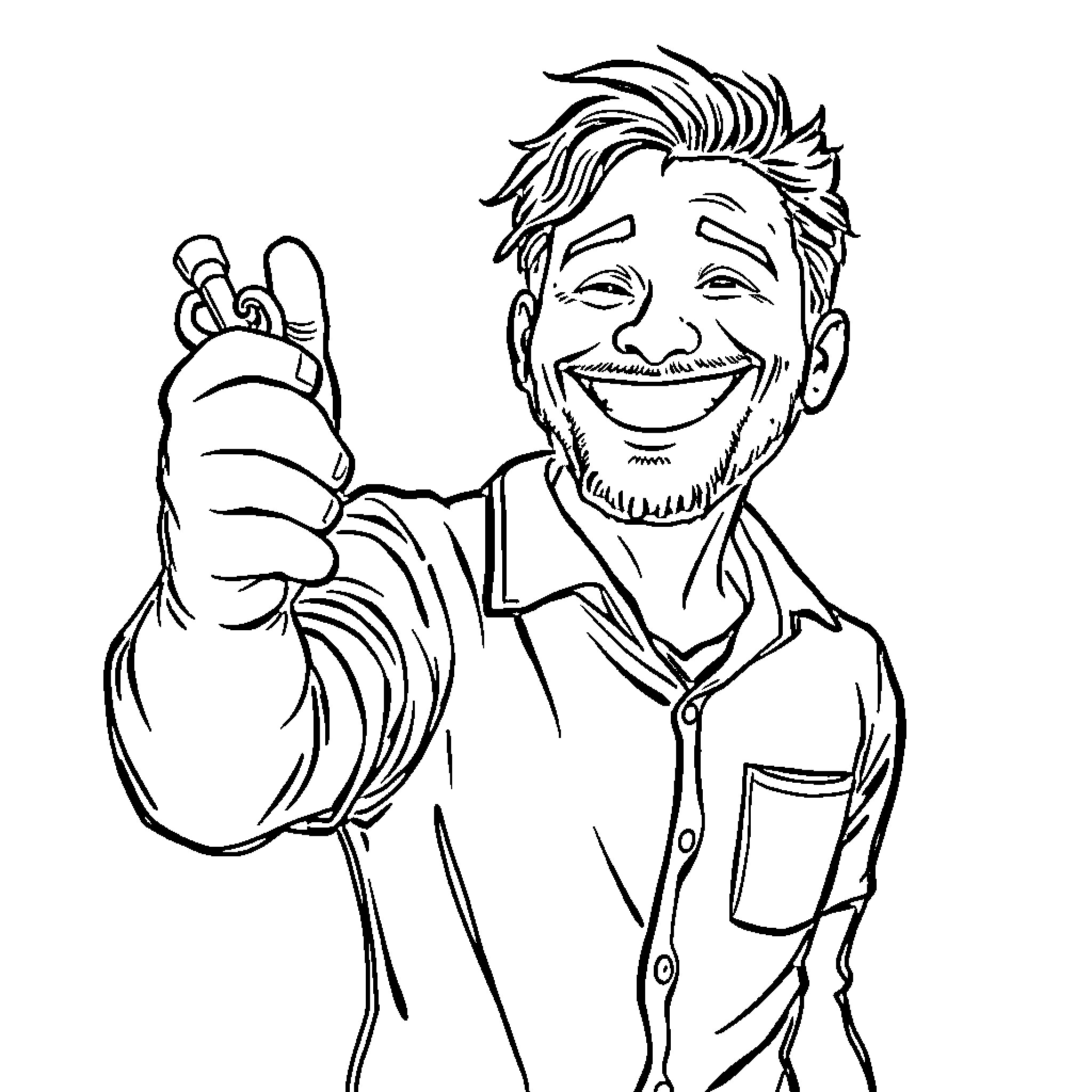 Man giving a thumbs up and smiling Coloring Page (free black-and-white line drawing printable PDF for all, from beginners to advanced learners, including children, teens, adults, and seniors)