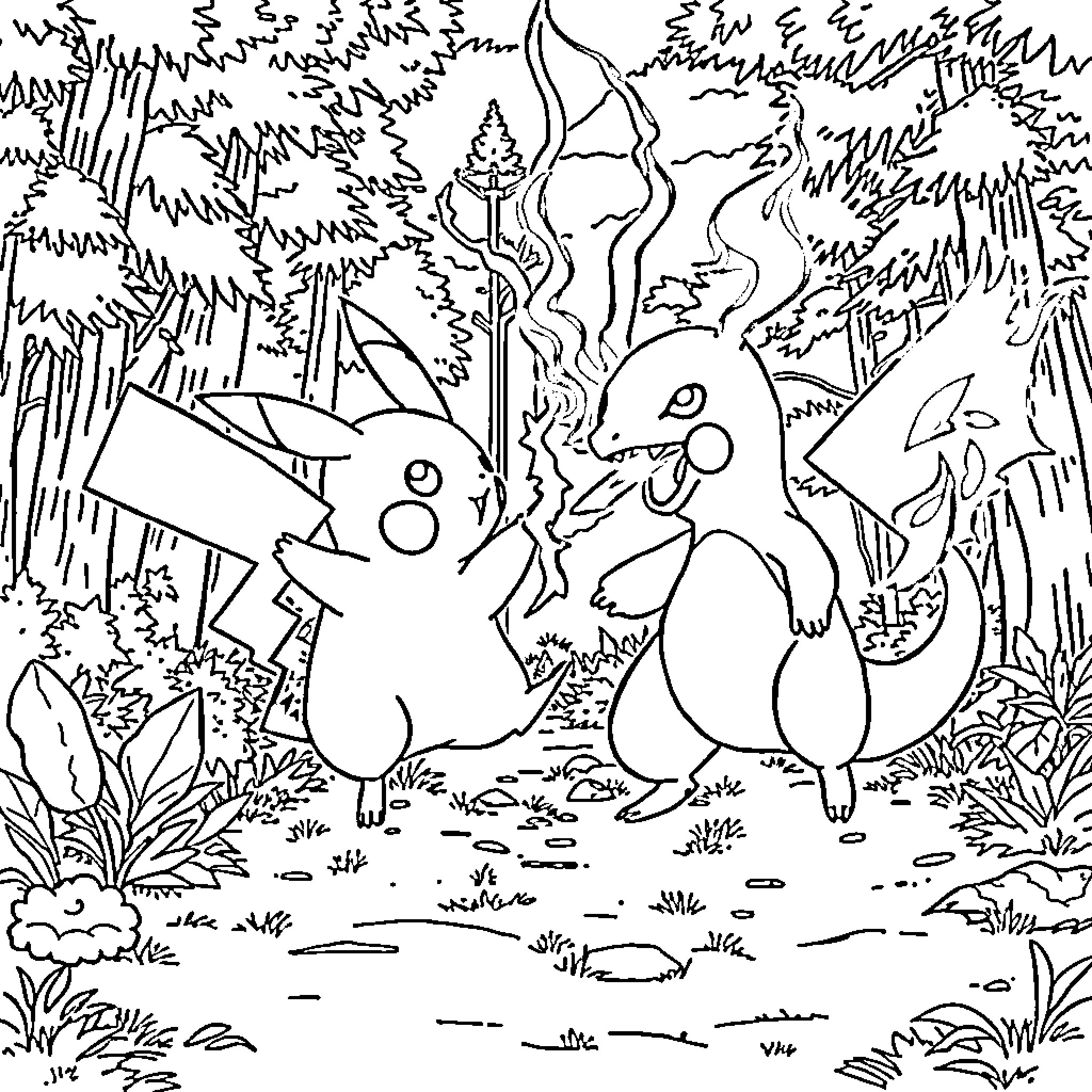 Pikachu's Playful Adventure in the Enchanted Forest Coloring Page (free black-and-white line drawing printable PDF for all, from beginners to advanced learners, including children, teens, adults, and seniors)