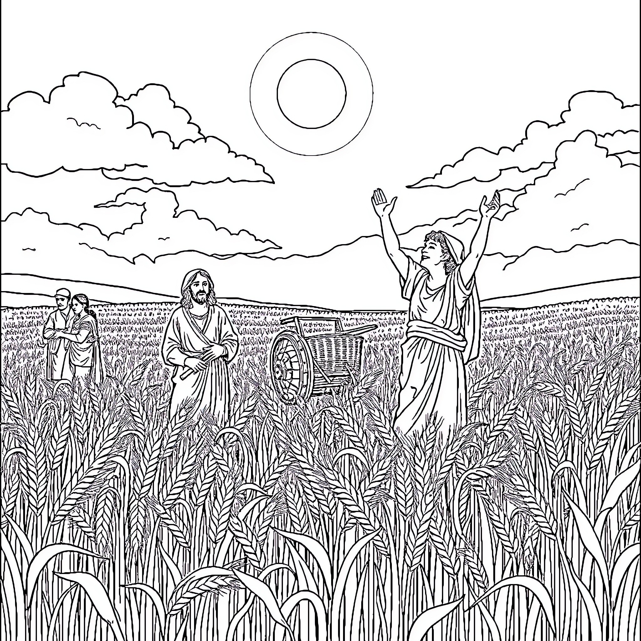 Person in wheat field with raised arms under sun Coloring Page (free black-and-white line drawing printable PDF for all, from beginners to advanced learners, including children, teens, adults, and seniors)