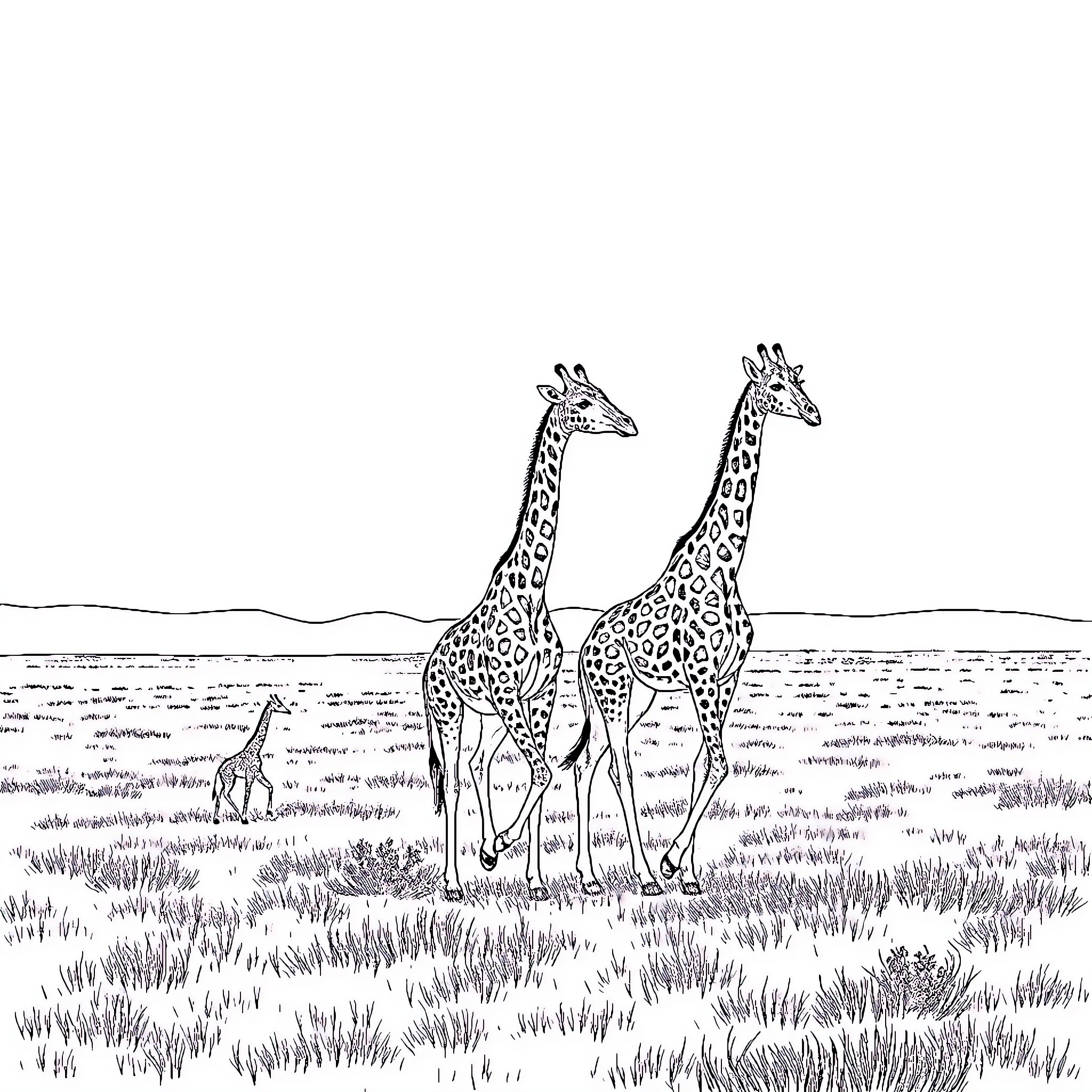 Giraffe family in a scenic savanna landscape Coloring Page (free black-and-white line drawing printable PDF for all, from beginners to advanced learners, including children, teens, adults, and seniors)