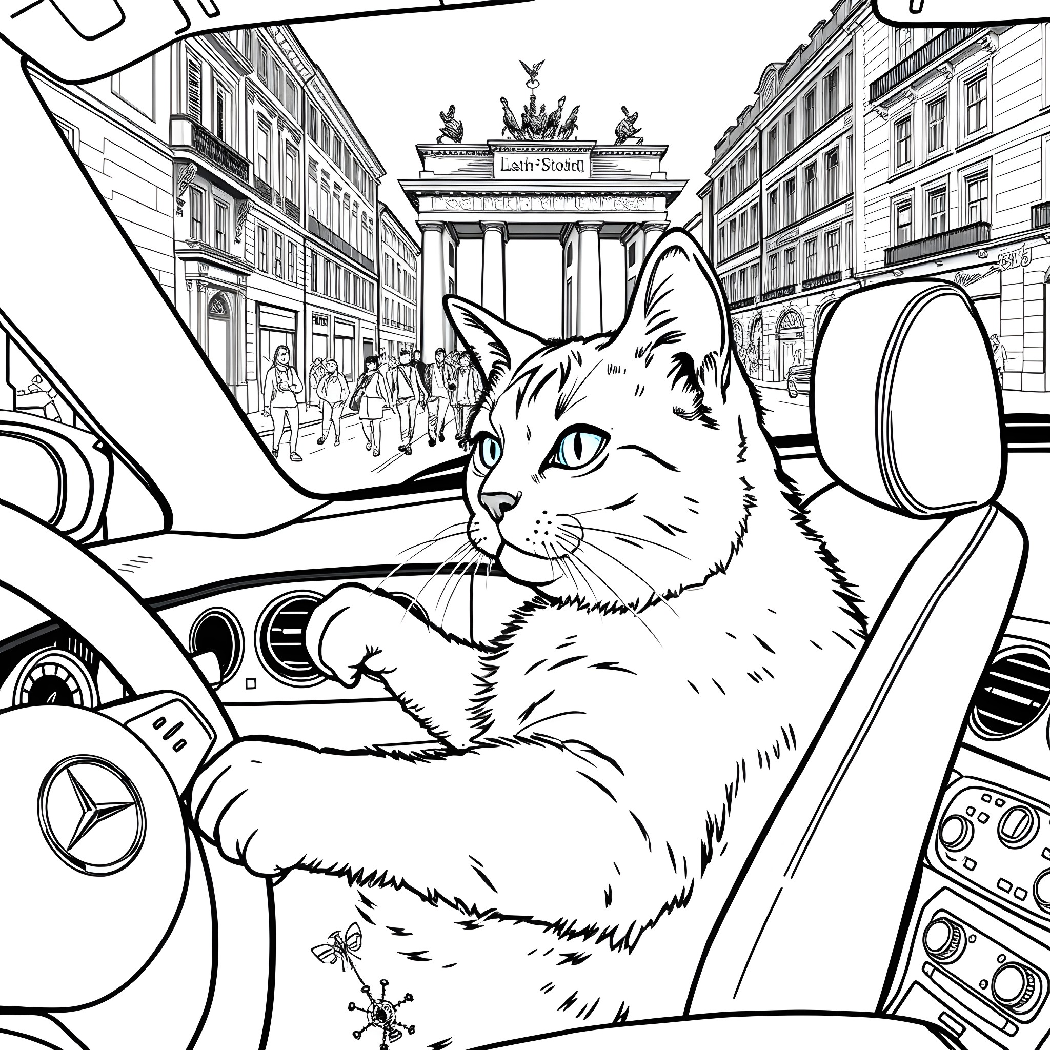 Cat exploring the city in a car Coloring Page (free black-and-white line drawing printable PDF for all, from beginners to advanced learners, including children, teens, adults, and seniors)