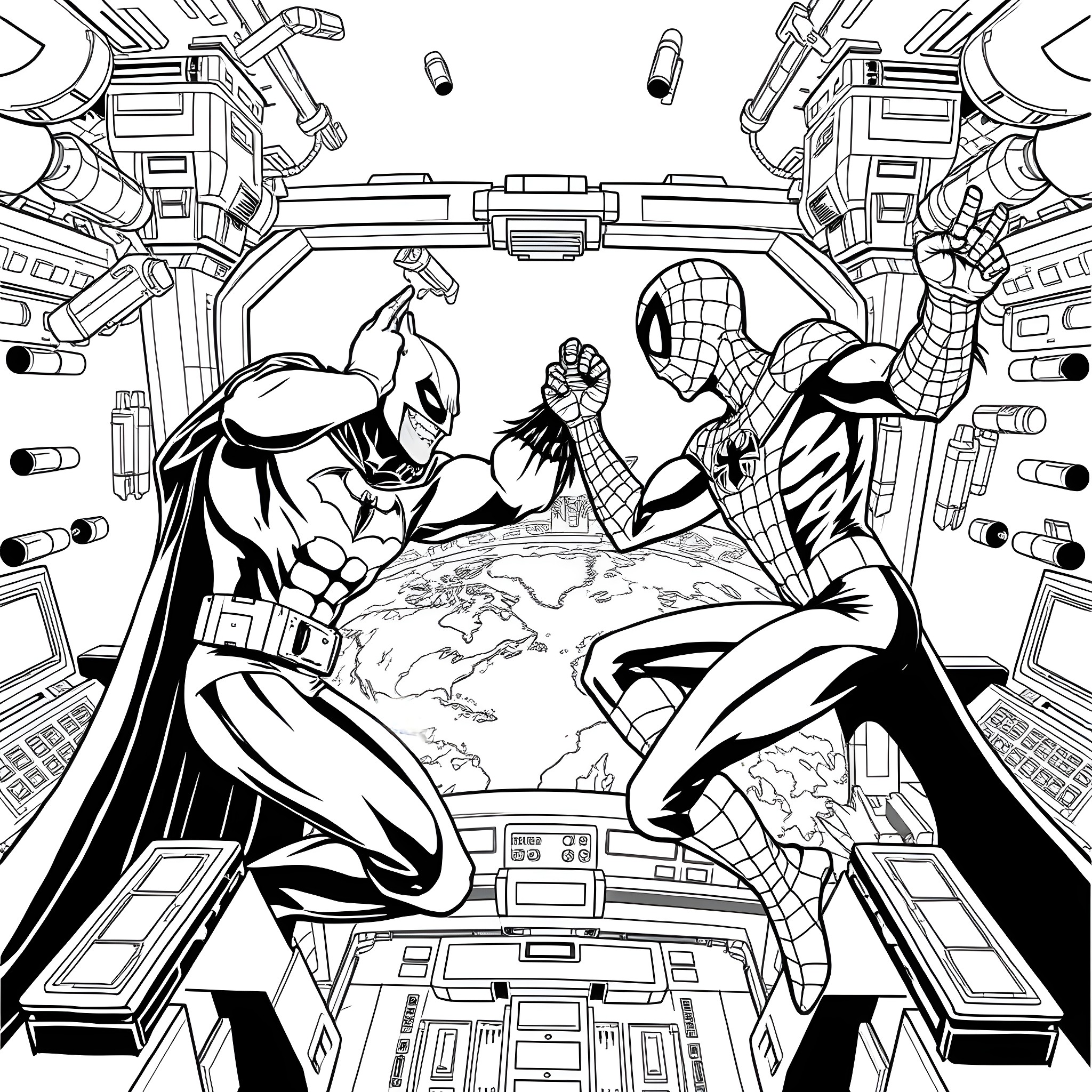 Batman and Spider-Man Battle in Futuristic Cityscape Coloring Page (free black-and-white line drawing printable PDF for all, from beginners to advanced learners, including children, teens, adults, and seniors)