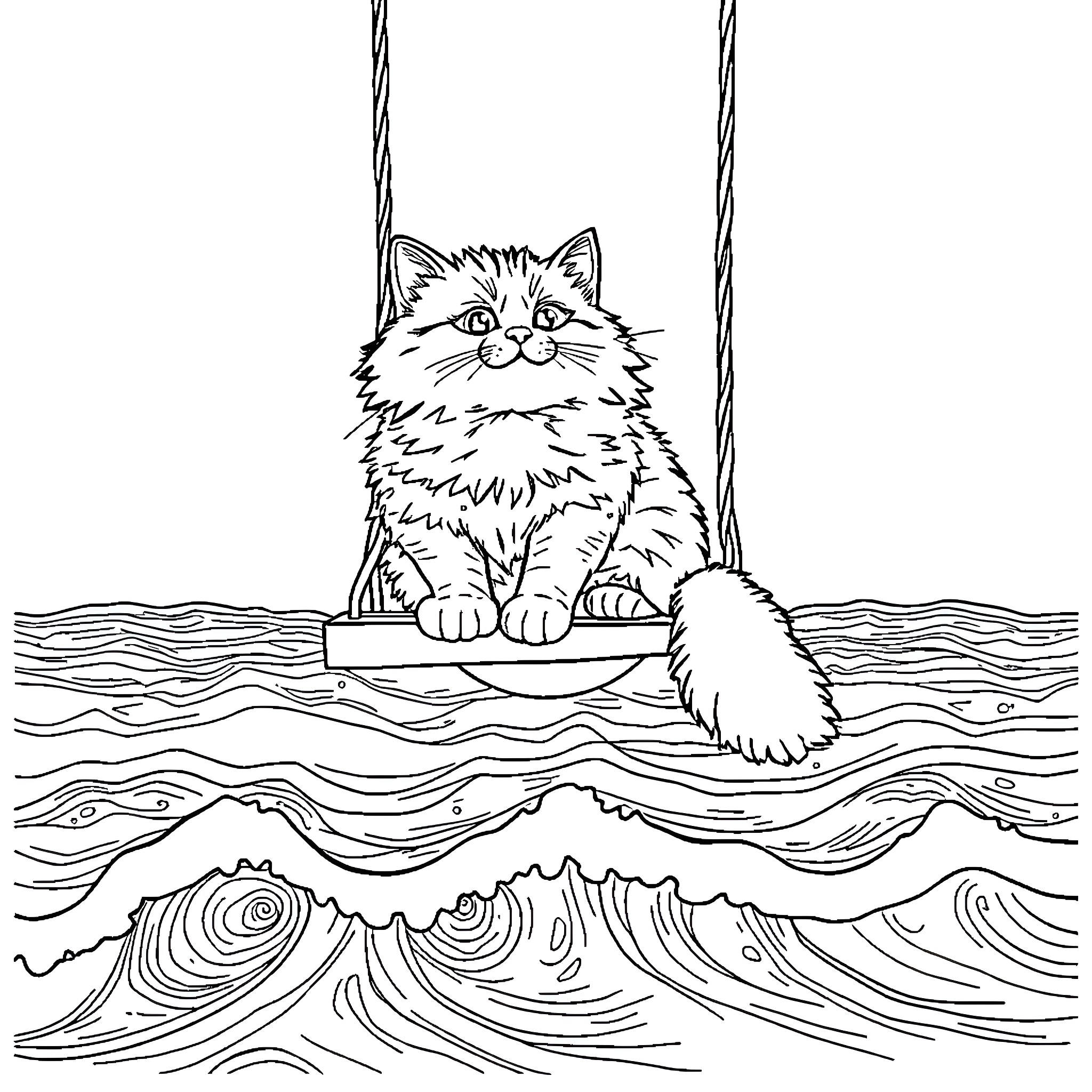 Cat floating on a boat in the ocean Coloring Page (free black-and-white line drawing printable PDF for all, from beginners to advanced learners, including children, teens, adults, and seniors)