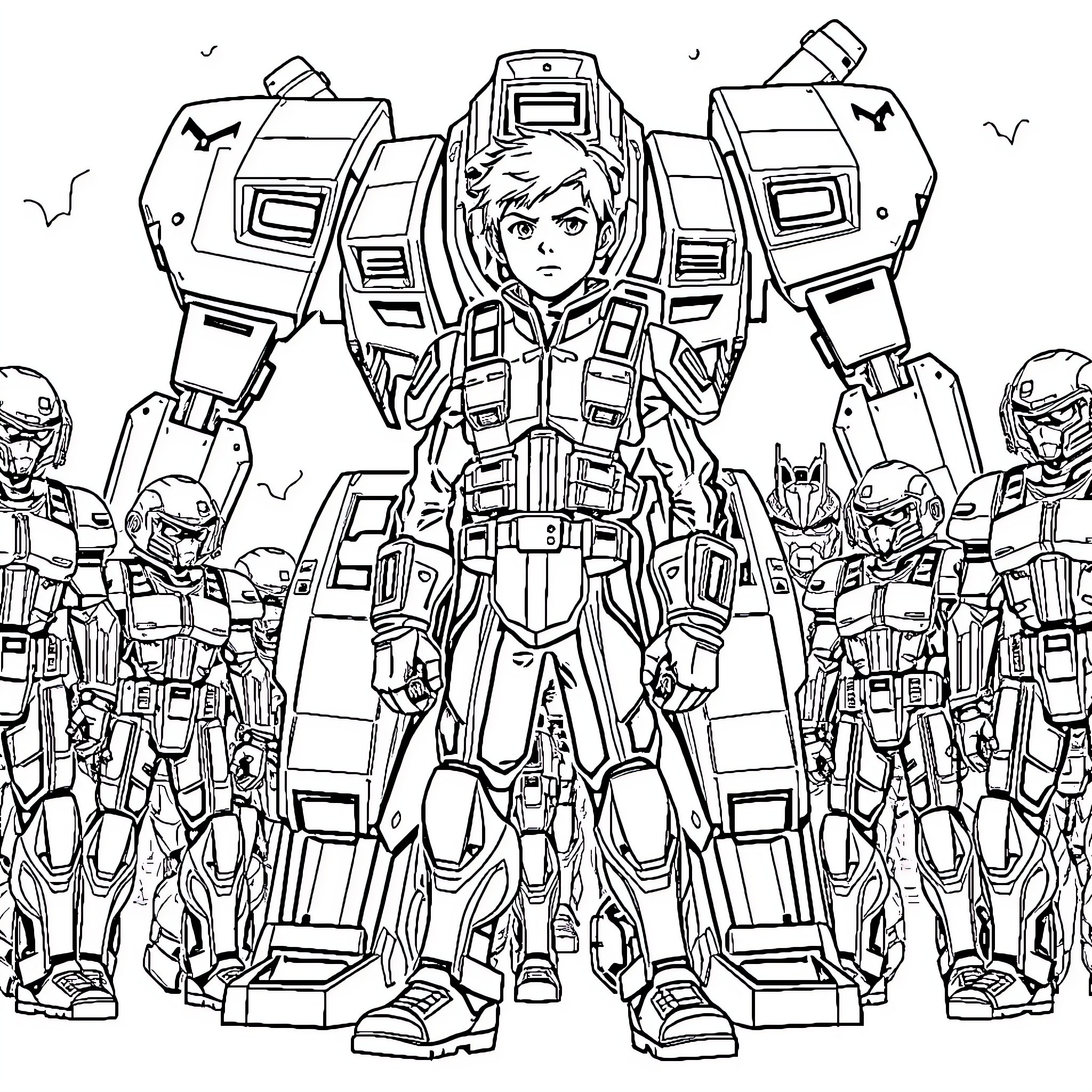 Stanford Mech Warrior Leads Team in Action Coloring Page (free black-and-white line drawing printable PDF for all, from beginners to advanced learners, including children, teens, adults, and seniors)
