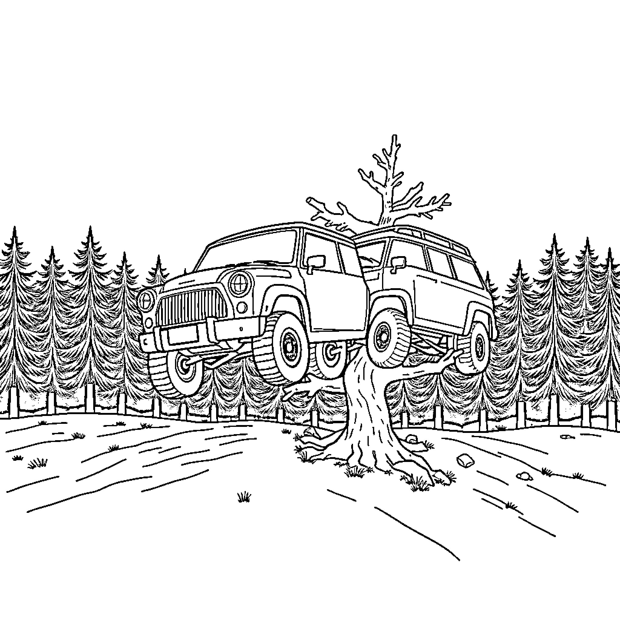 Car with Antlers Driving Through Forest Coloring Page (free black-and-white line drawing printable PDF for all, from beginners to advanced learners, including children, teens, adults, and seniors)