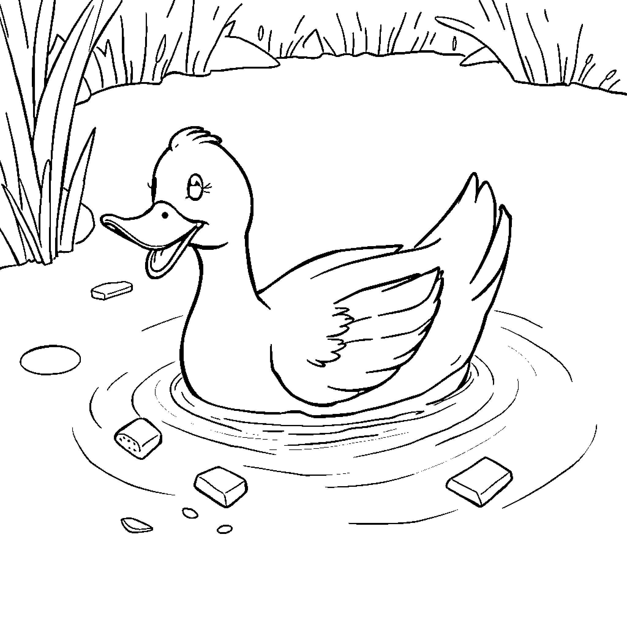 Duck swimming in a pond with lily pads Coloring Page (free black-and-white line drawing printable PDF for all, from beginners to advanced learners, including children, teens, adults, and seniors)