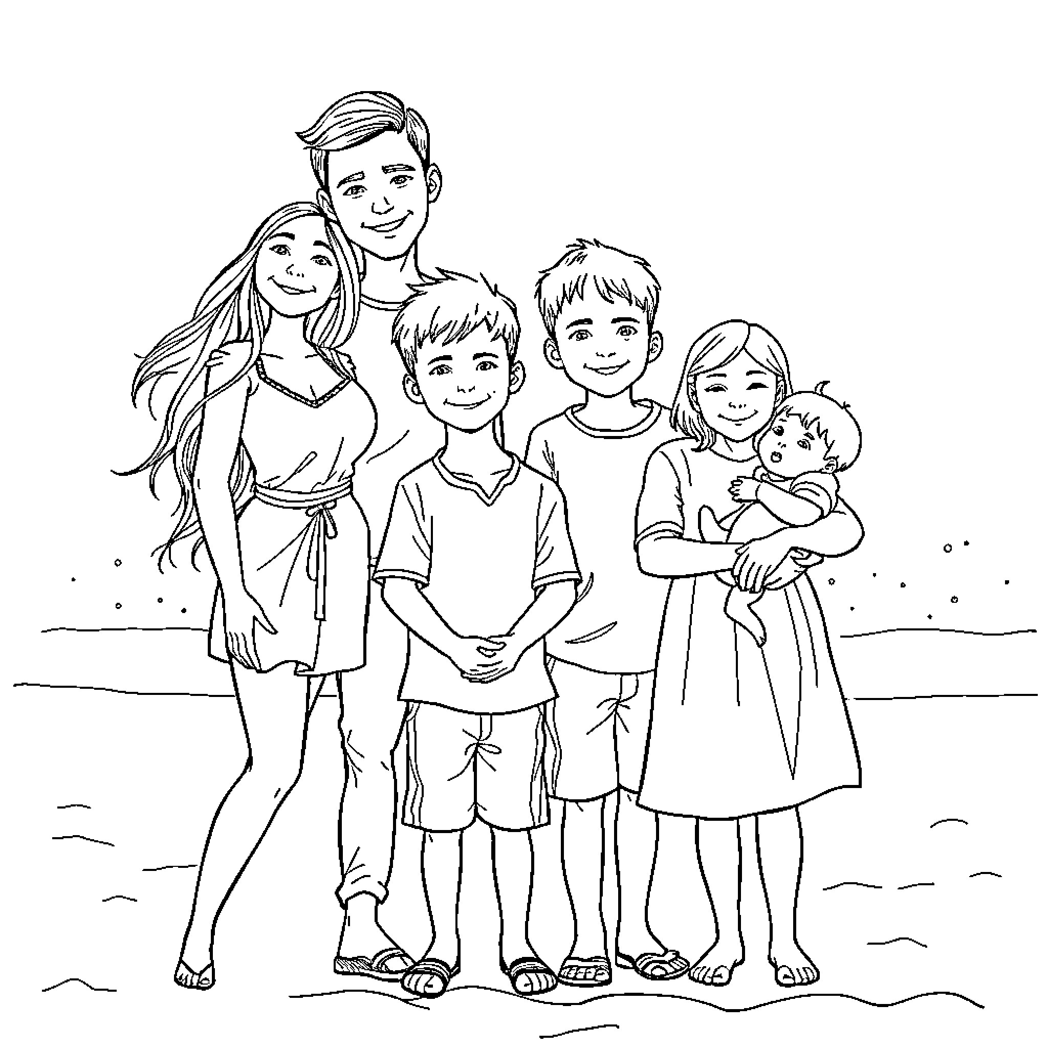 Family enjoying a day at the beach Coloring Page (free black-and-white line drawing printable PDF for all, from beginners to advanced learners, including children, teens, adults, and seniors)