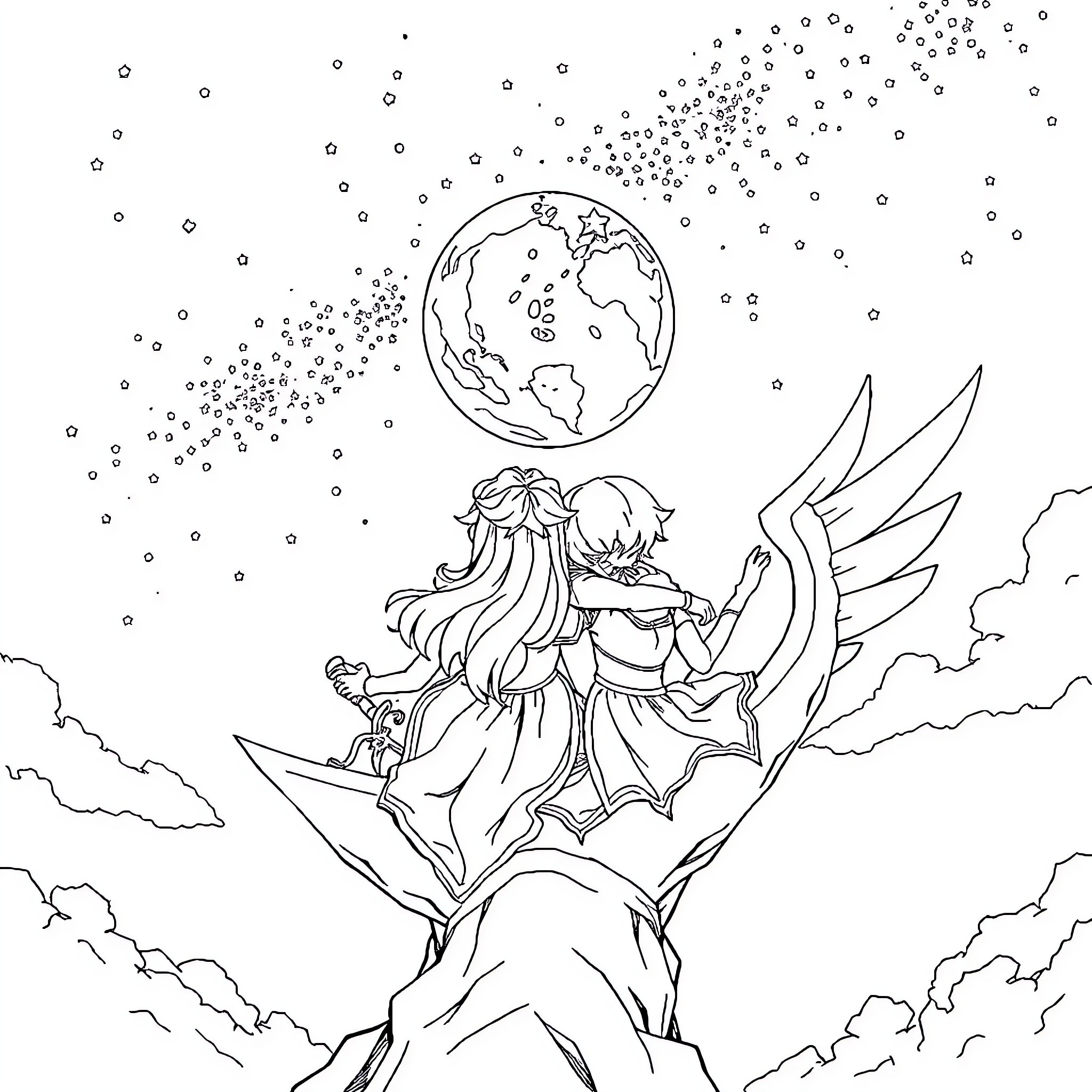 Meliodas and Elizabeth in the Celestial World Coloring Page (free black-and-white line drawing printable PDF for all, from beginners to advanced learners, including children, teens, adults, and seniors)