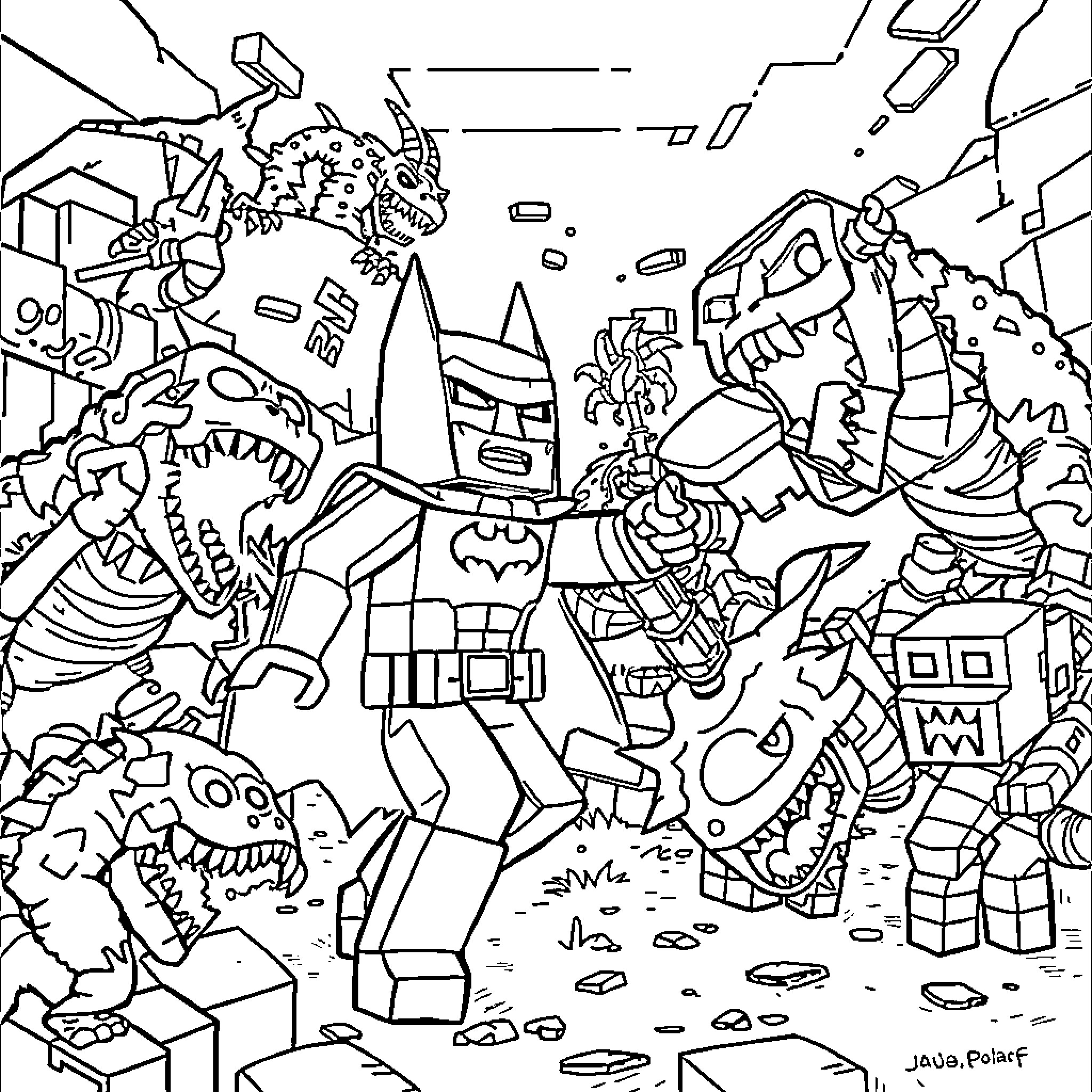 Minecraft characters in chaotic battle Coloring Page (free black-and-white line drawing printable PDF for all, from beginners to advanced learners, including children, teens, adults, and seniors)