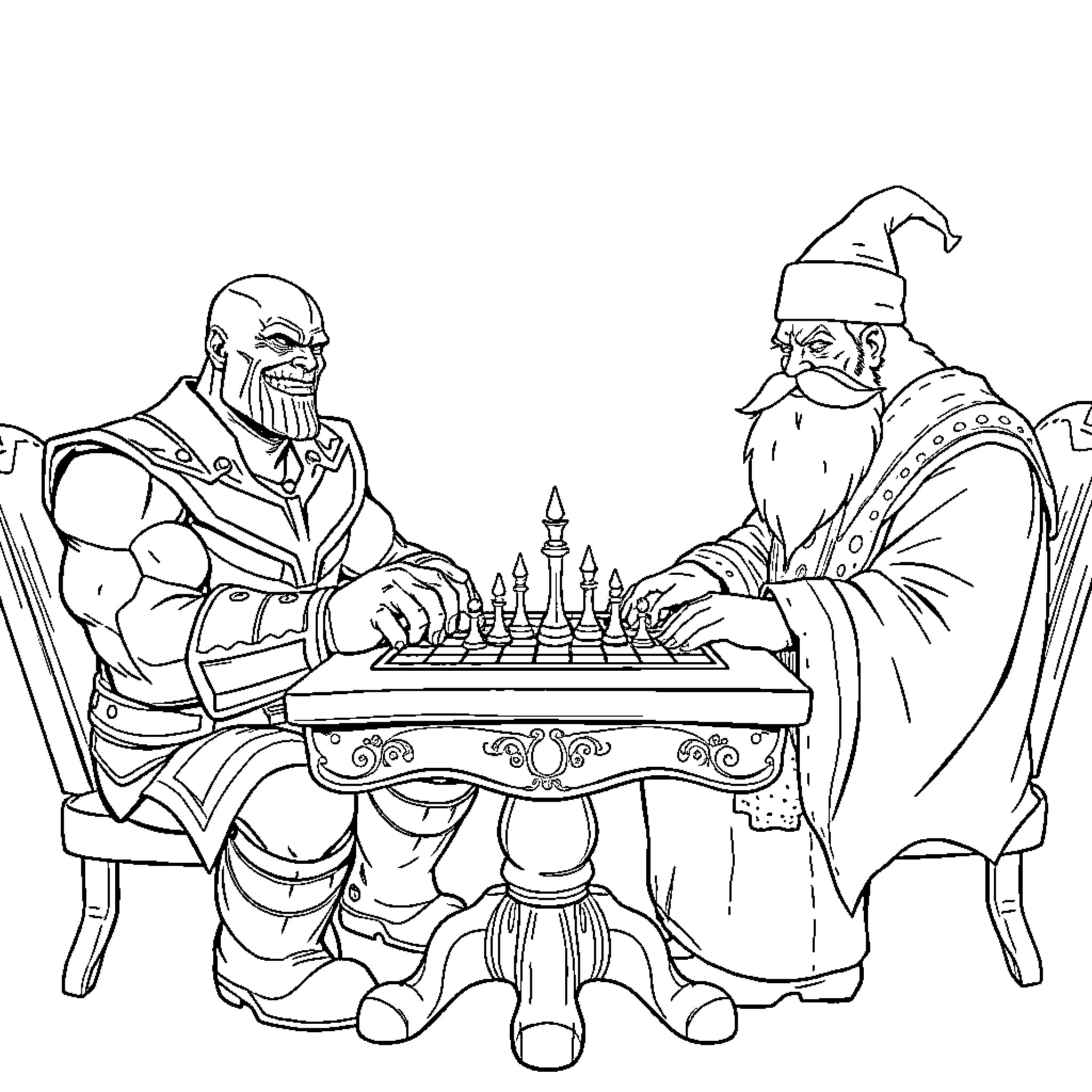 Chess Match Between Armored Knight and Robed Wizard Coloring Page (free black-and-white line drawing printable PDF for all, from beginners to advanced learners, including children, teens, adults, and seniors)