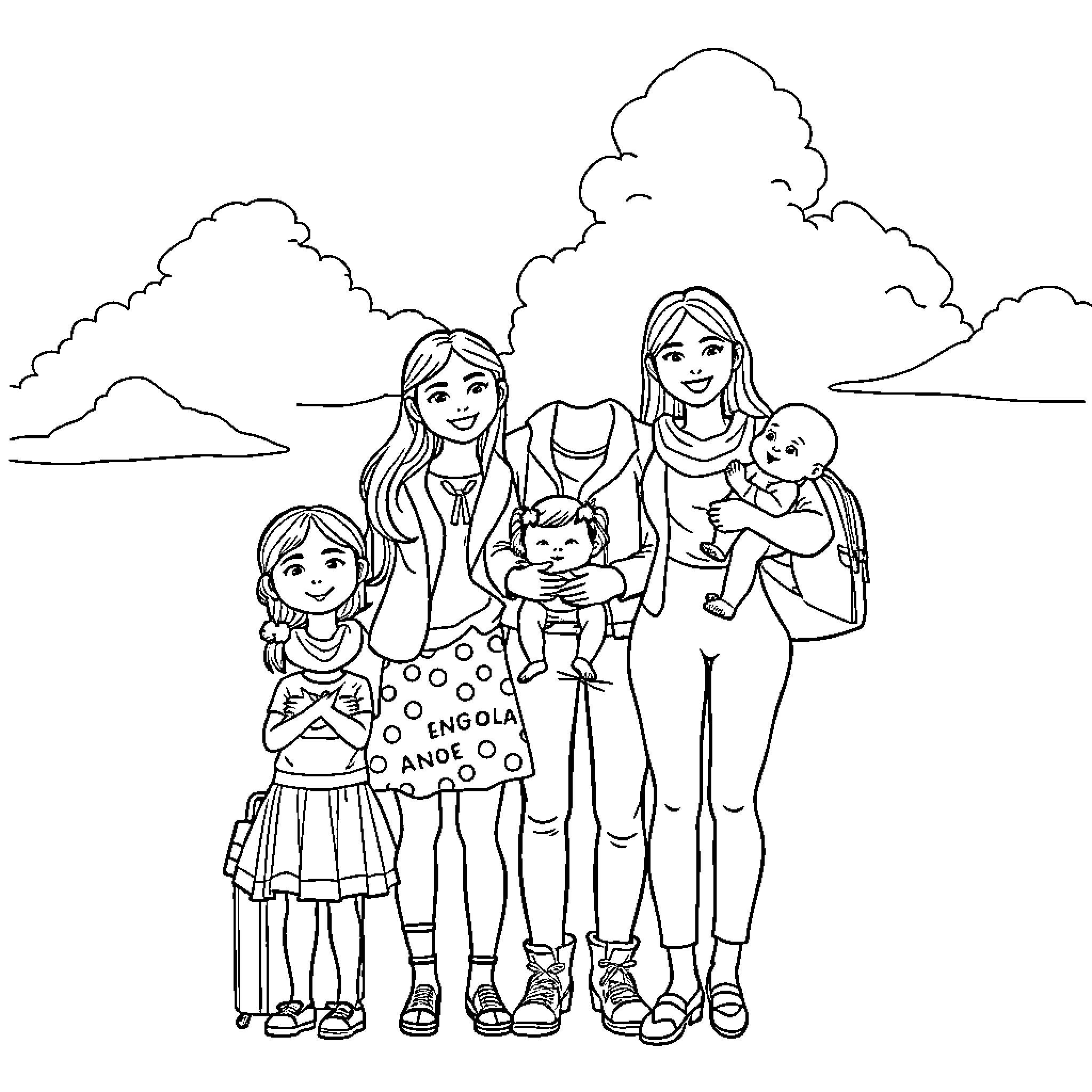 Family Outing with Joyful Expressions Coloring Page (free black-and-white line drawing printable PDF for all, from beginners to advanced learners, including children, teens, adults, and seniors)