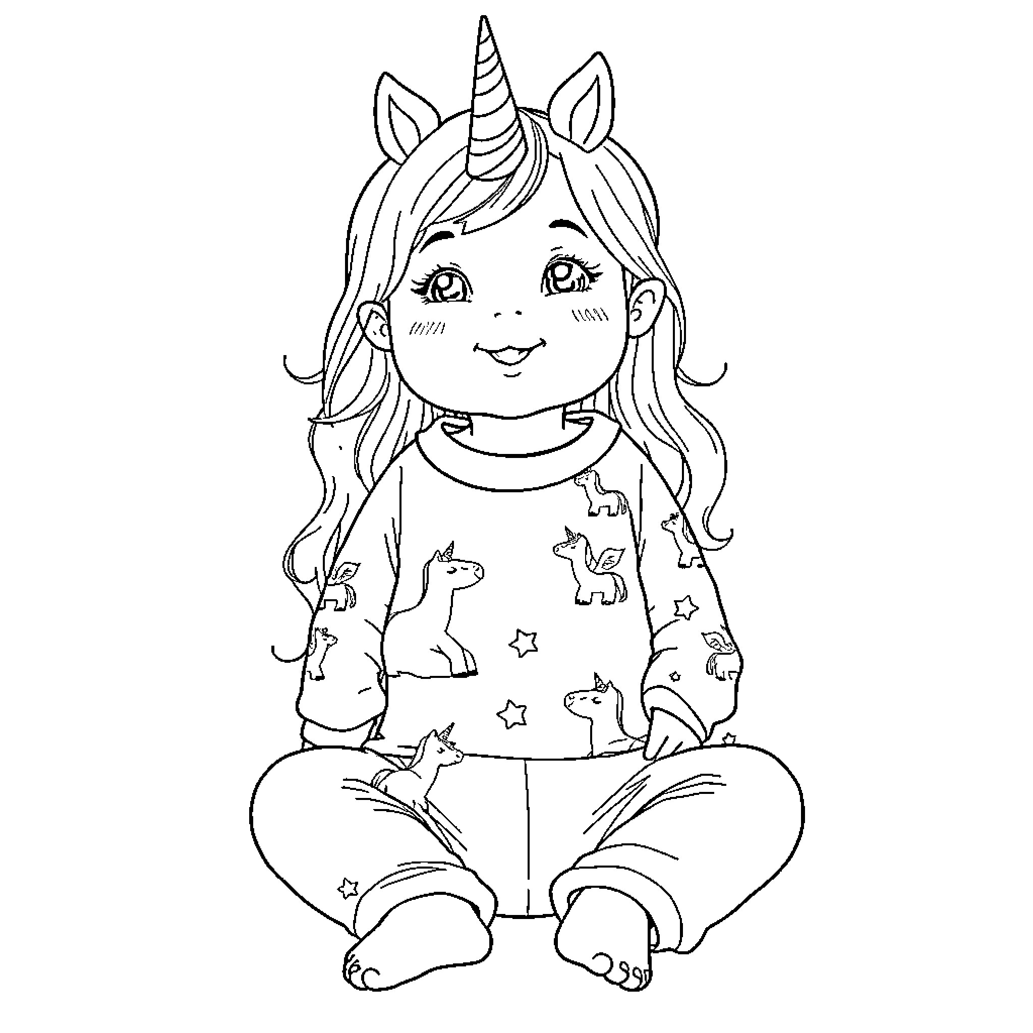 Baby Girl Sitting with Unicorn Horn and Patterned Outfit Coloring Page (free black-and-white line drawing printable PDF for all, from beginners to advanced learners, including children, teens, adults, and seniors)